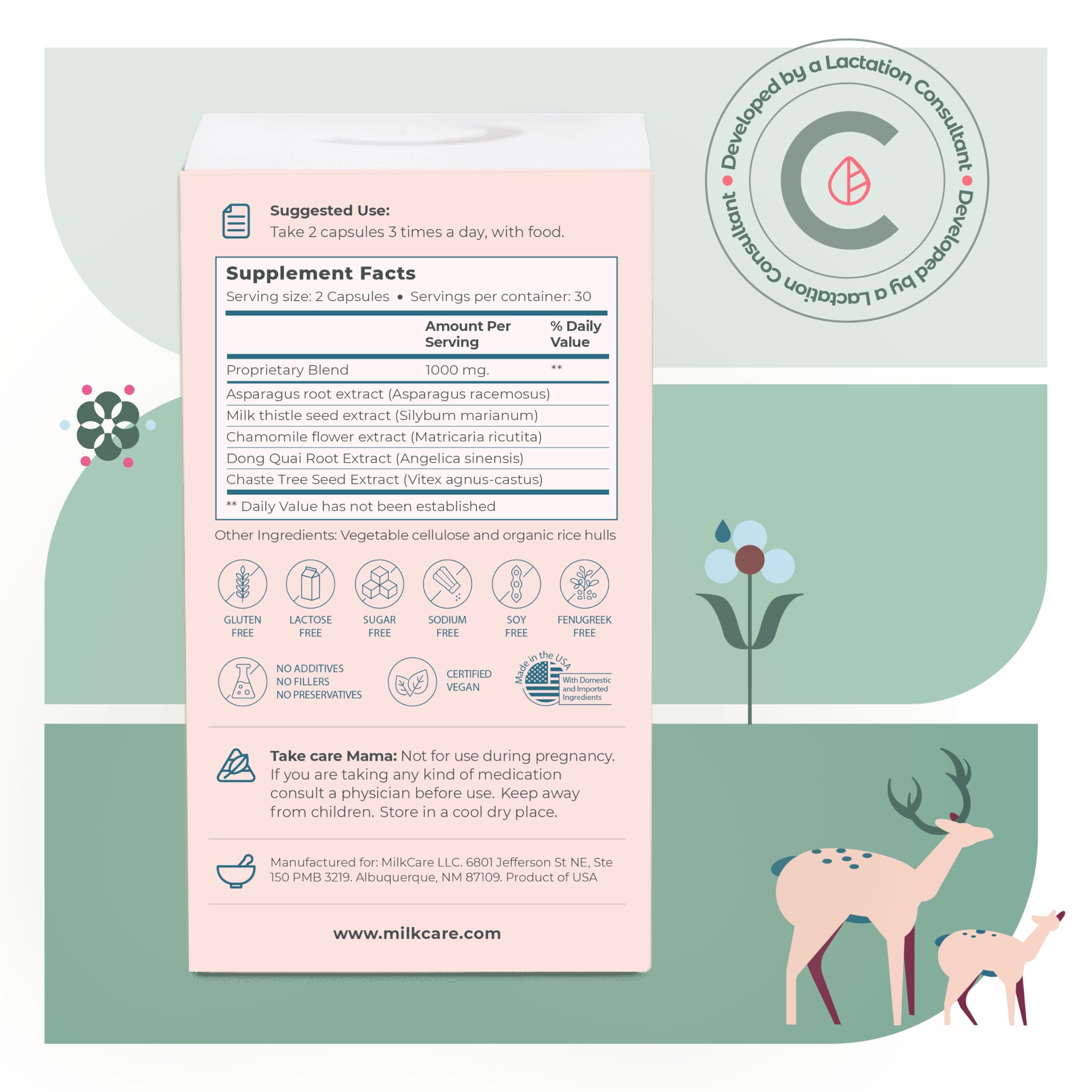 Milkcare White Gold tableau-ingrédients détaille les composants et usages potentiels.