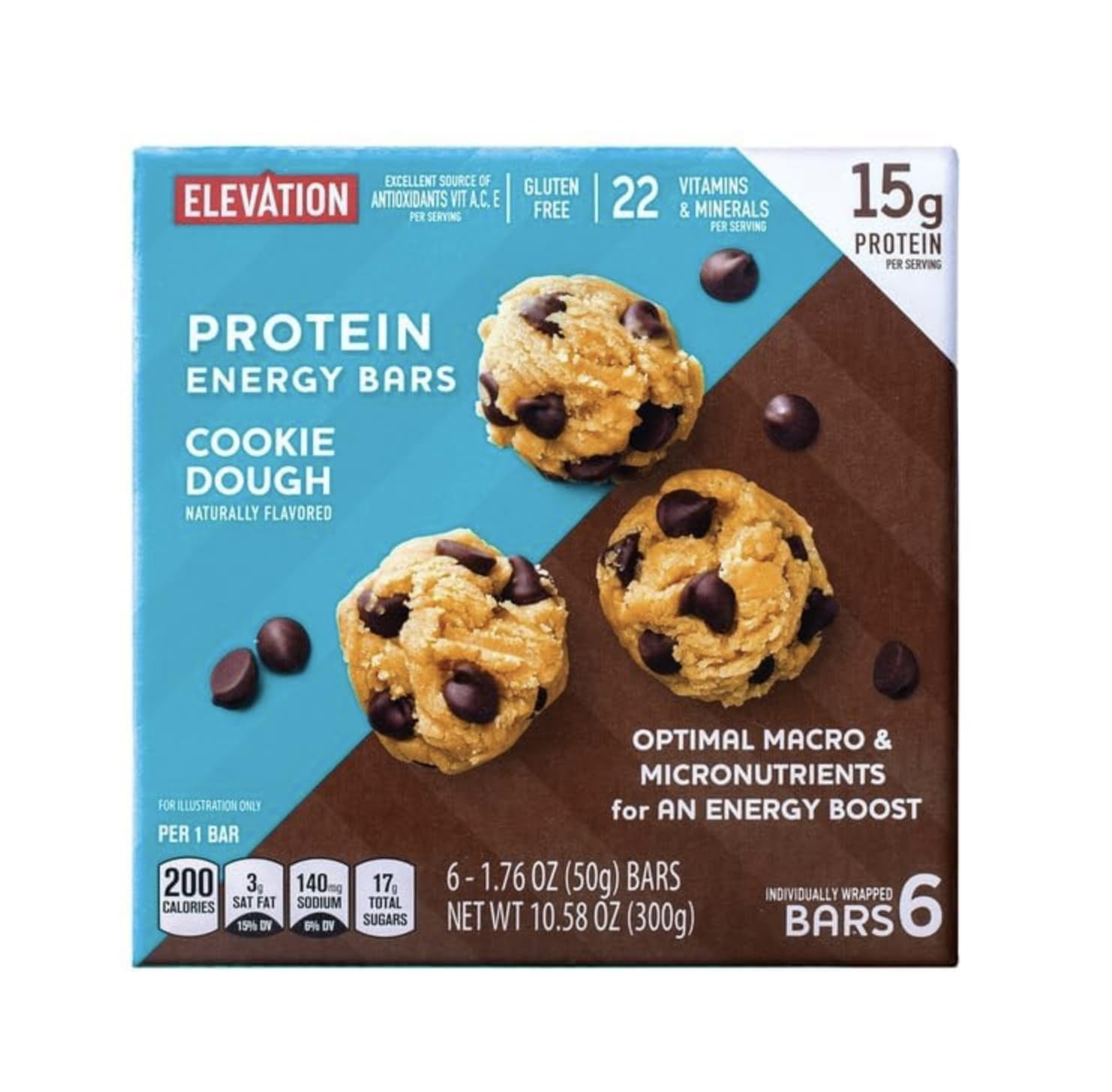 Millville Elevation barre protéinée pâte à cookies morceaux visibles, délice croustillant.