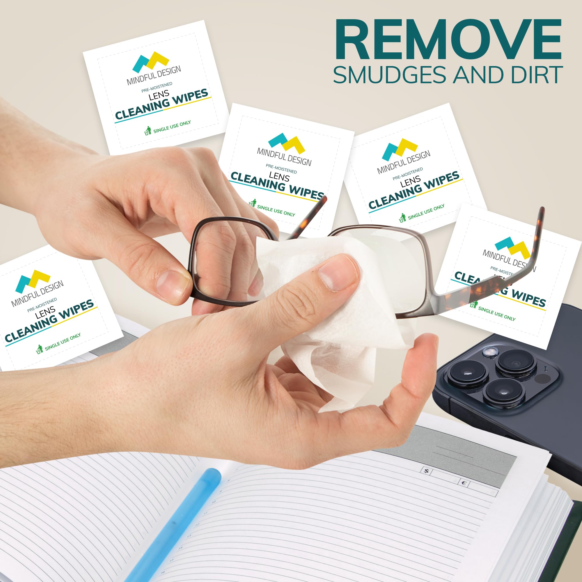 Lingettes Mindful Design pour lunettes : finition sans traces sur verres.