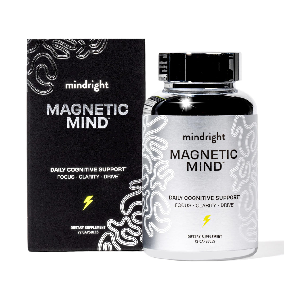 Mindright Magnetic Mind pack-shot avec emballage et gélules, potentiel de clarté cognitive.