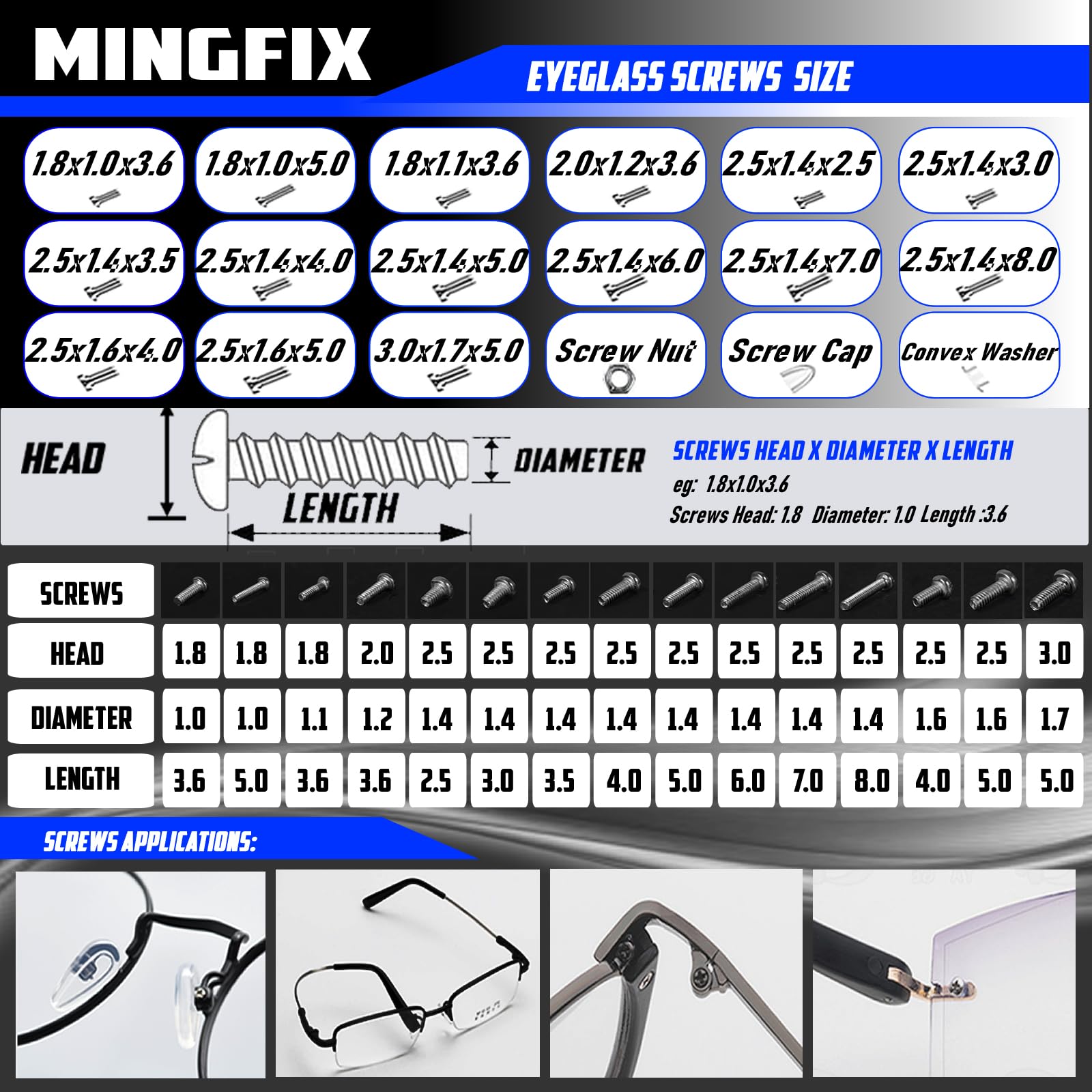 Vis miniatures MINGFIX adaptées pour montures et verres