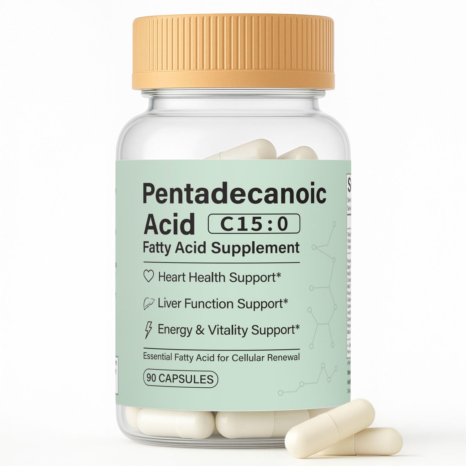 Minyang acide C15:0 – bouteille montrant l’origine végétale et la composition.