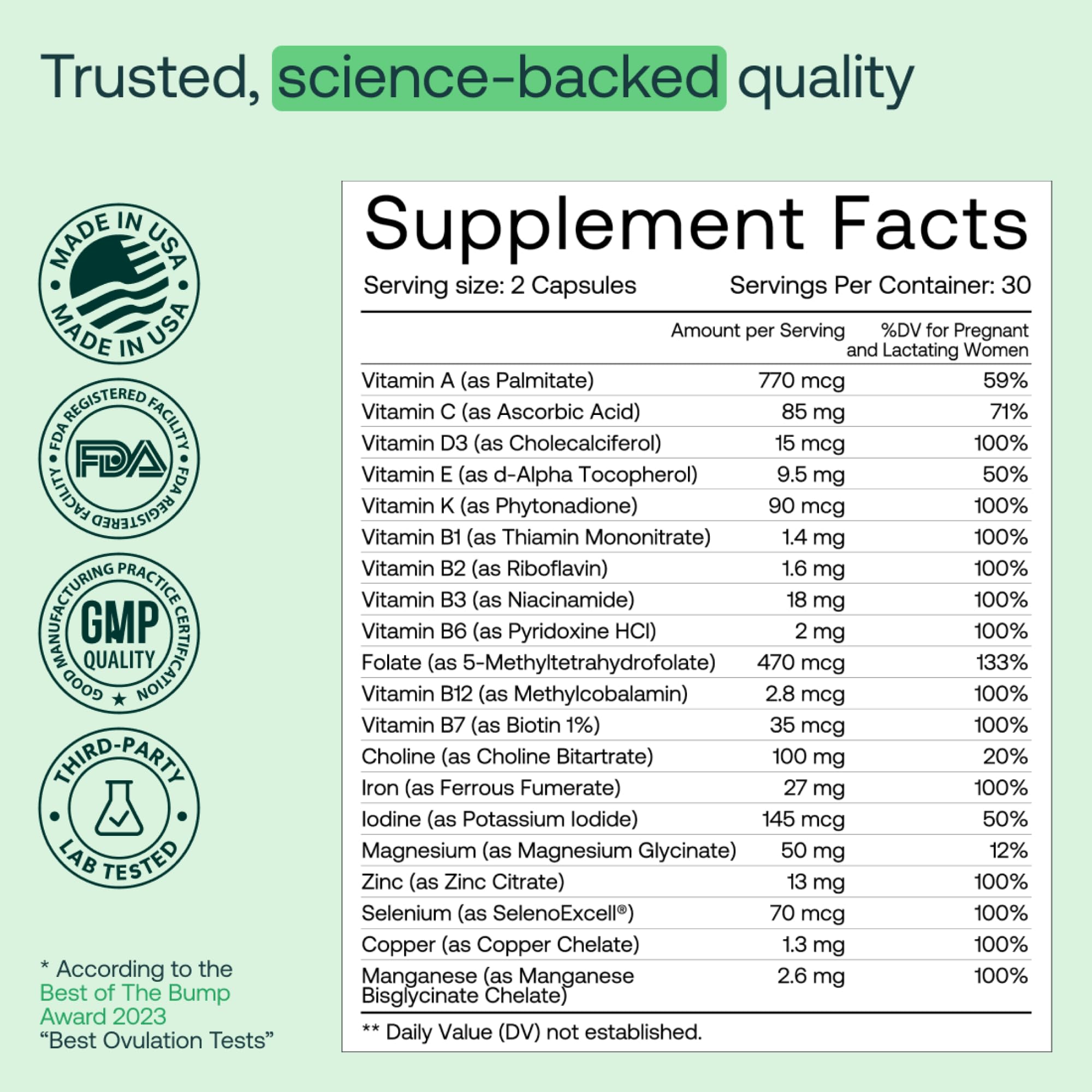 MIRA Prenatal Multivitamines – gros plan sur les capsules prénatales et leur forme.