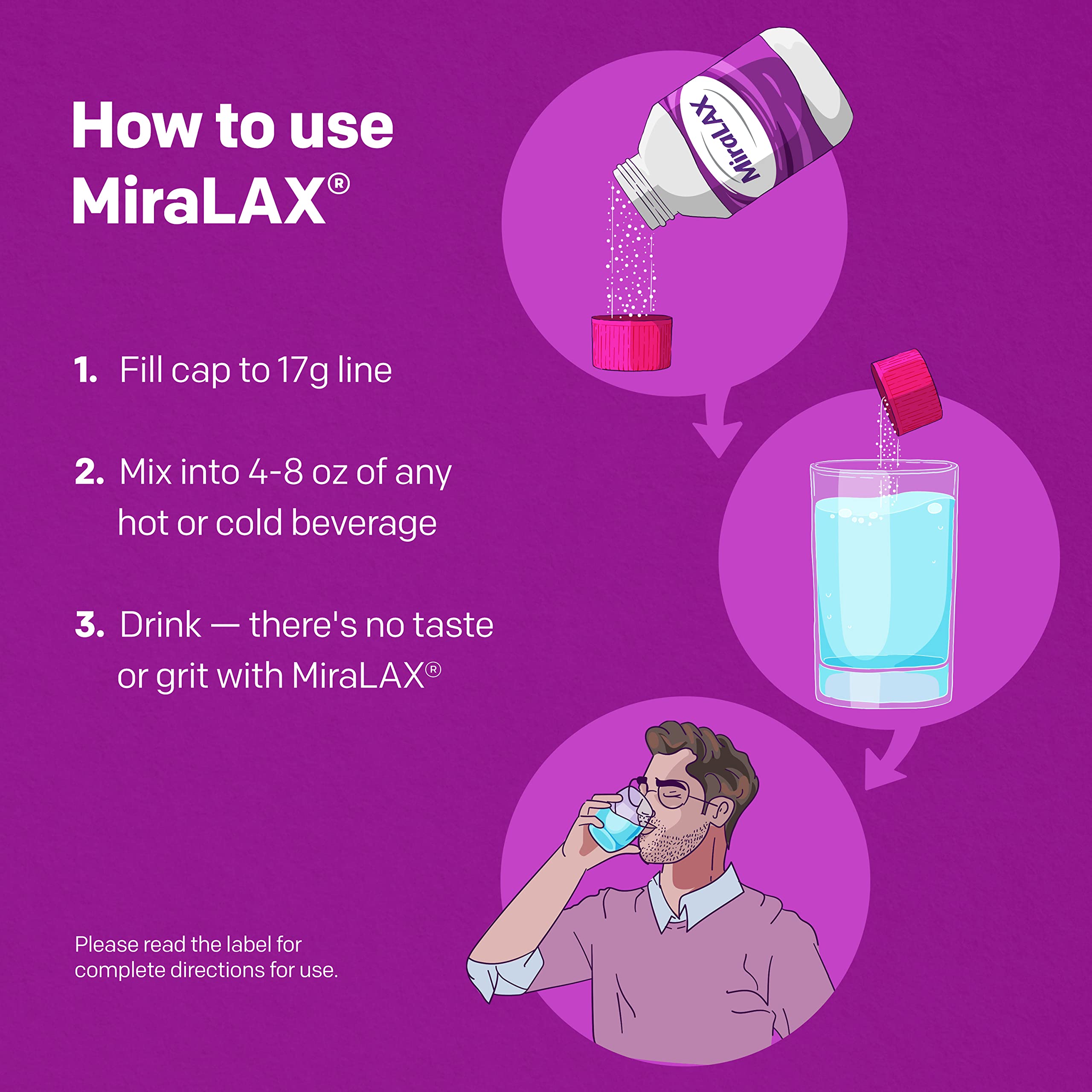 MiraLAX emballage compacte, rangement facile.