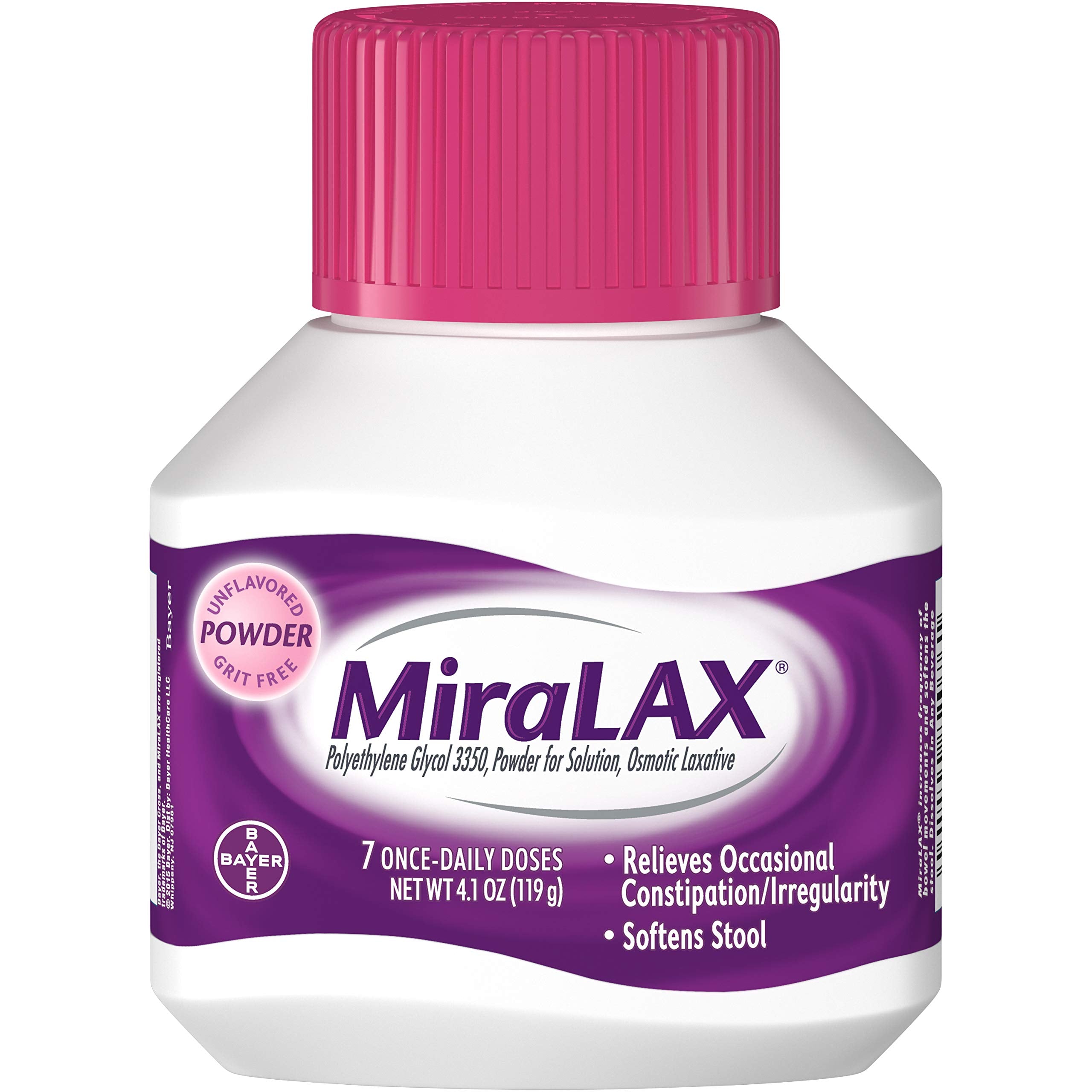 Plan rapproché sur la poudre sans goût avec doseur MiraLAX.