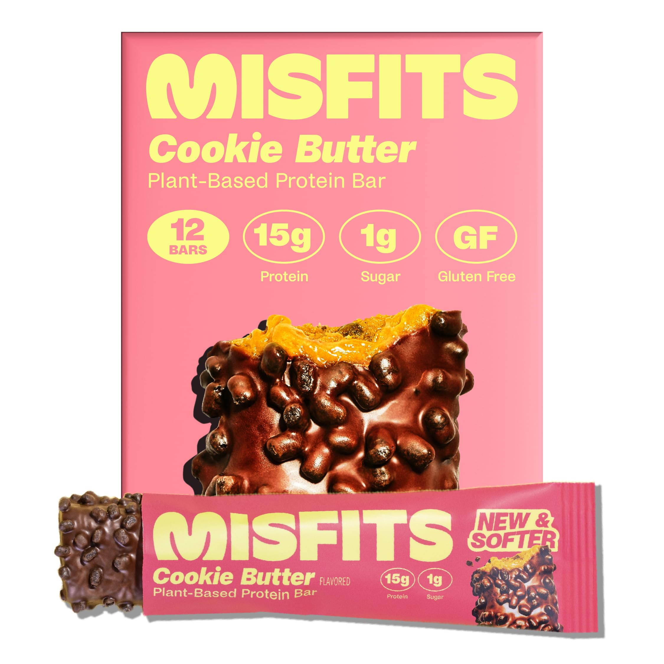 Barre protéinée végan Misfits Speculoos tenue en main, parfaite pour une collation rapide.