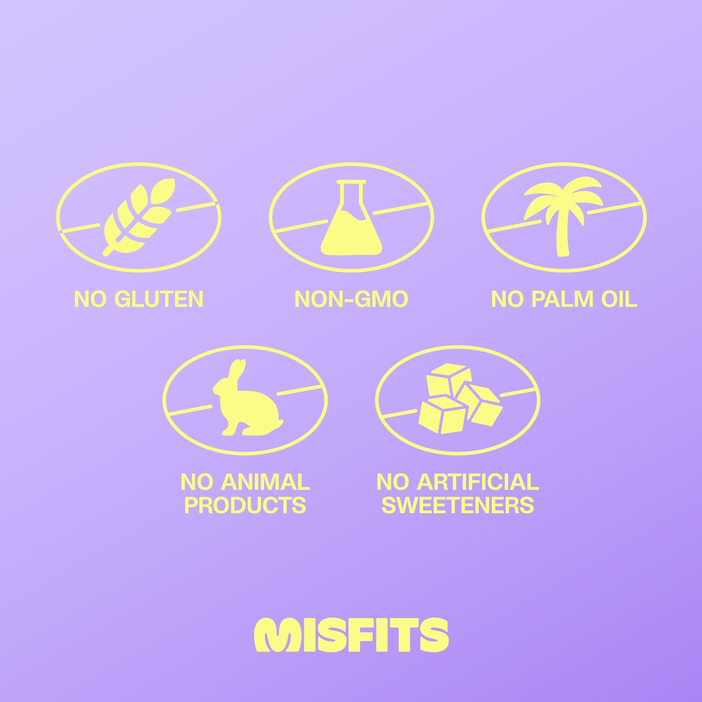 Barre riche en fibre Misfits végane, faible glucides nets et énergie durable.