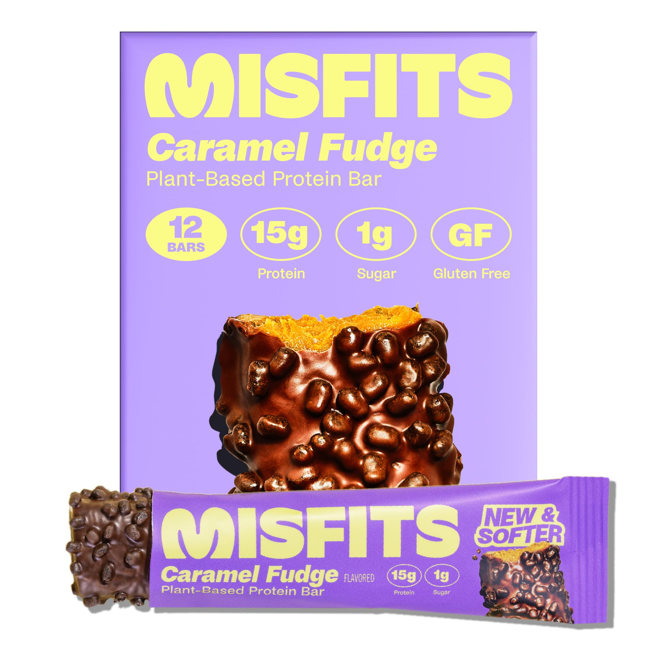 Barre protéinée Misfits végane au caramel fondant, texture riche et apport protéique.