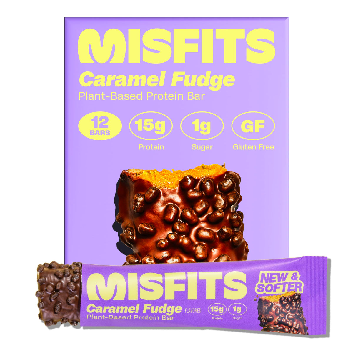 Barre protéinée Misfits végane au caramel fondant, texture riche et apport protéique.