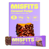 Barre protéinée Misfits végane au caramel fondant, texture riche et apport protéique.