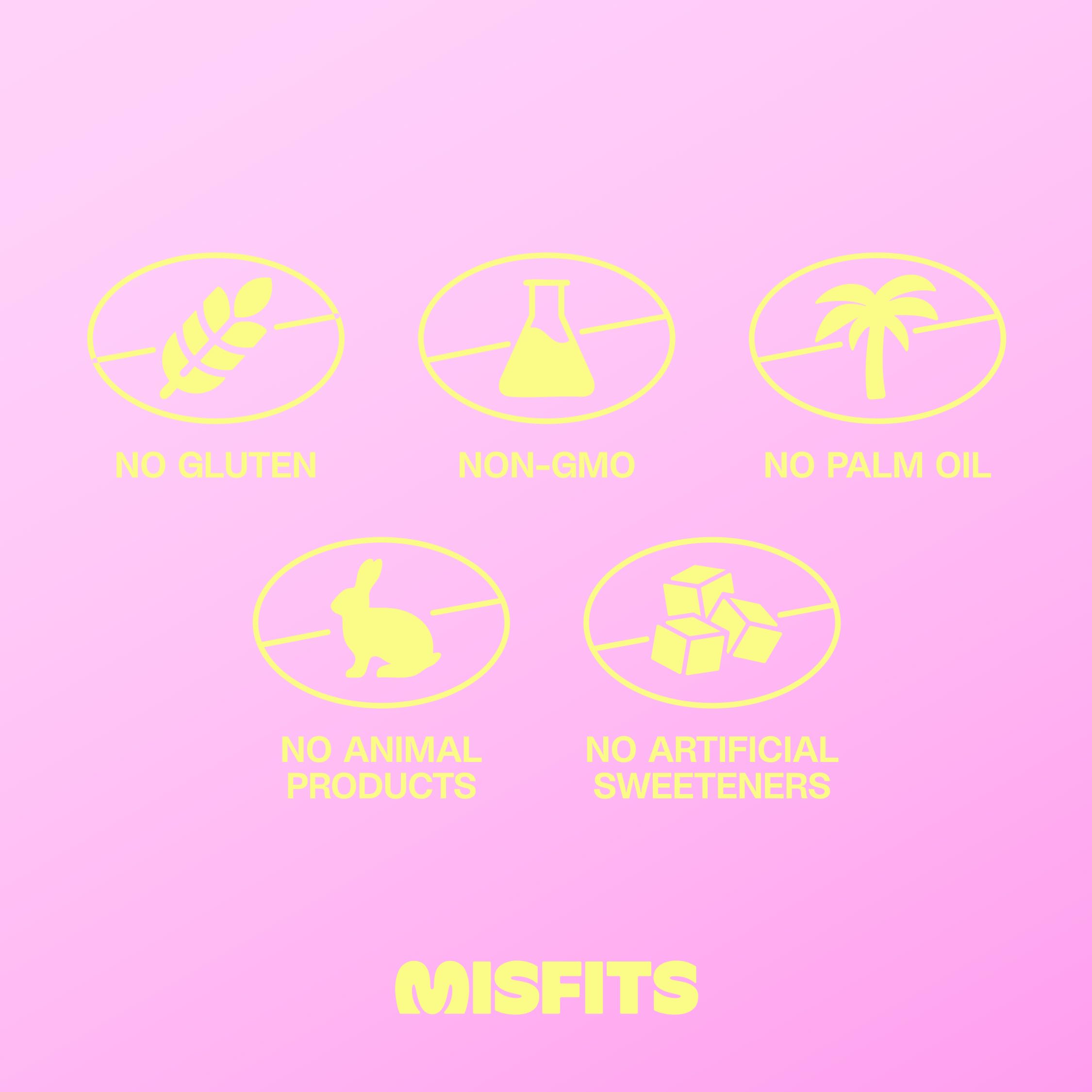 Misfits barres protéinées véganes : enrobage chocolat soyeux sur base végétale.
