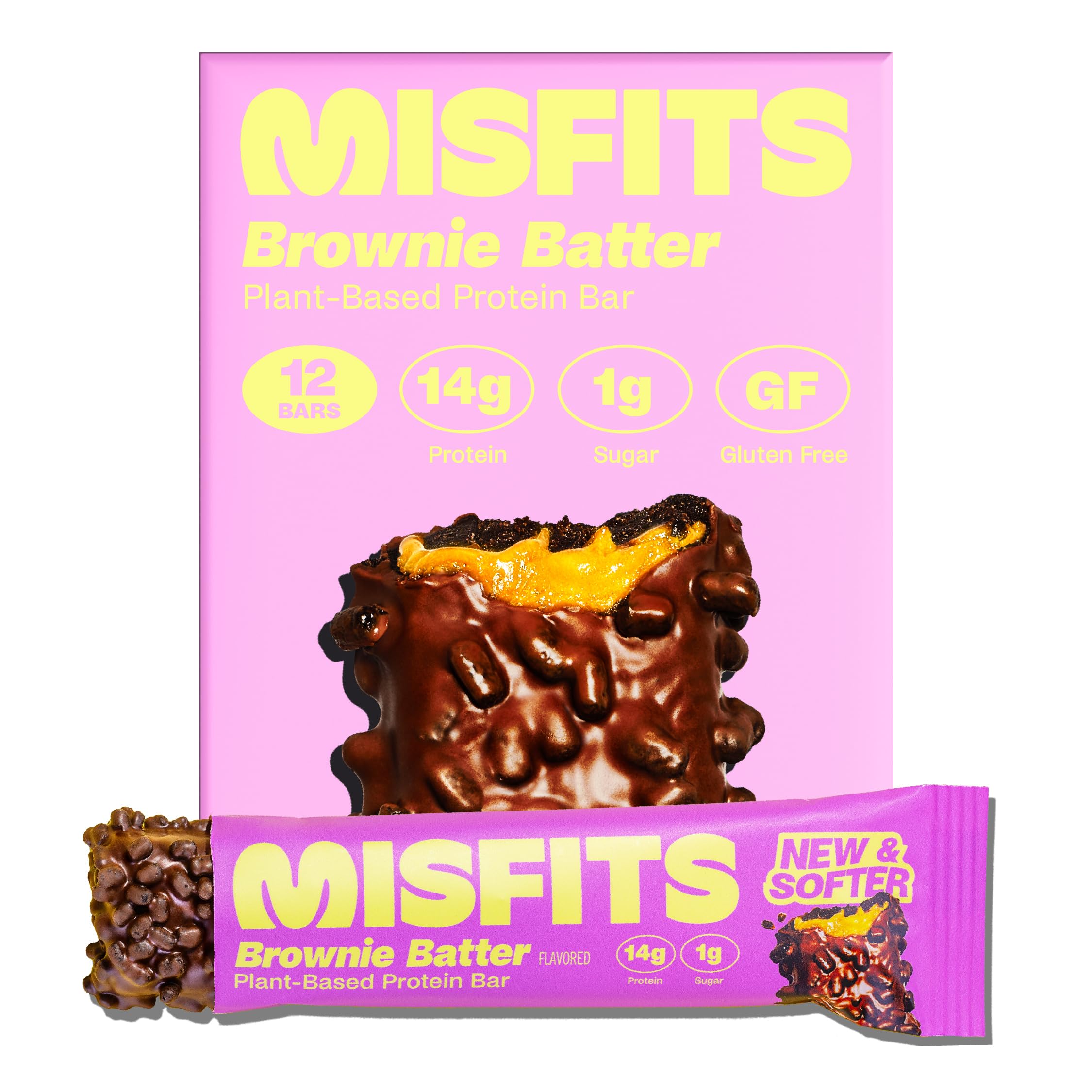 Misfits barres protéinées véganes : cœur brownie fudgy et nappage caramel, énergie gourmande.