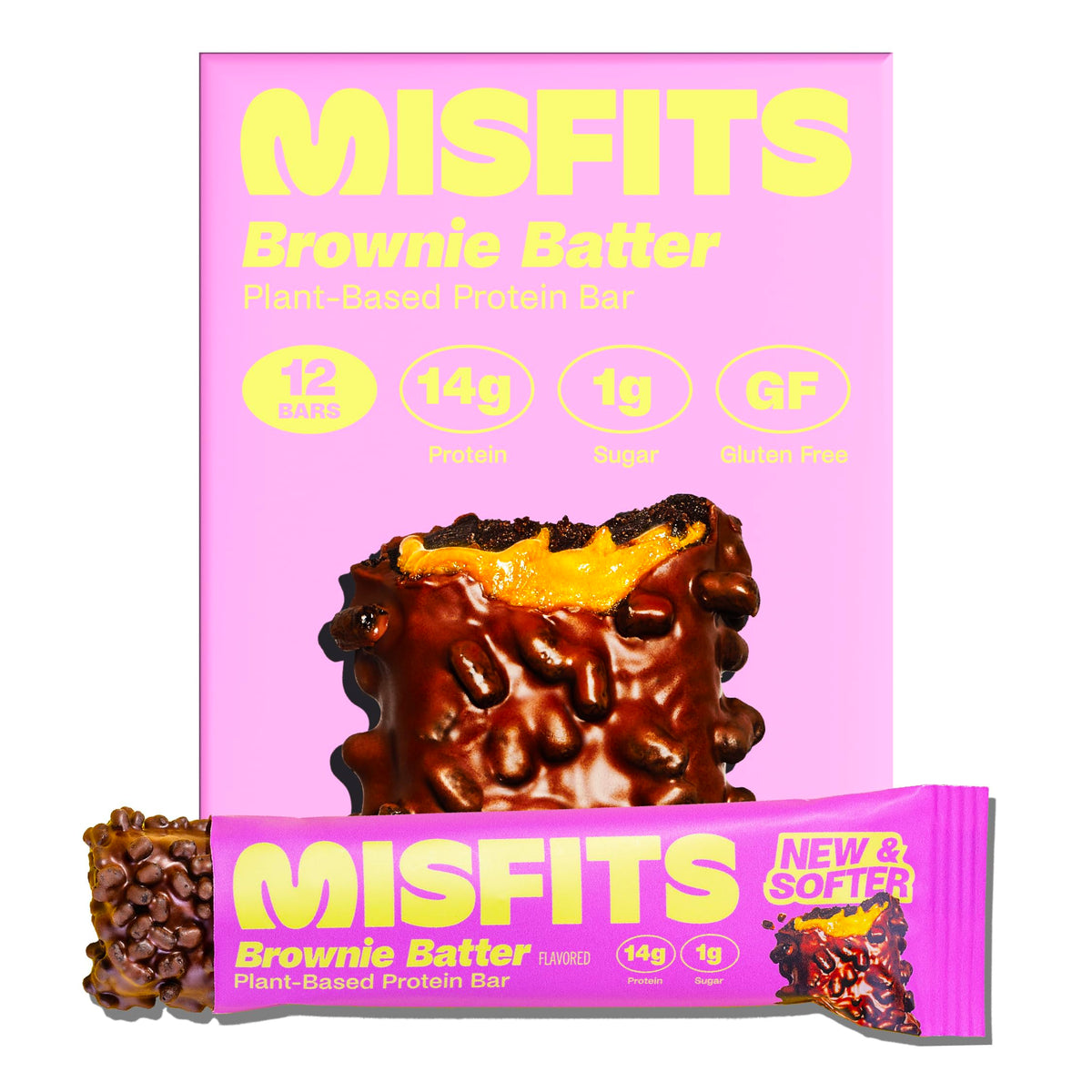 Misfits barres protéinées véganes : cœur brownie fudgy et nappage caramel, énergie gourmande.