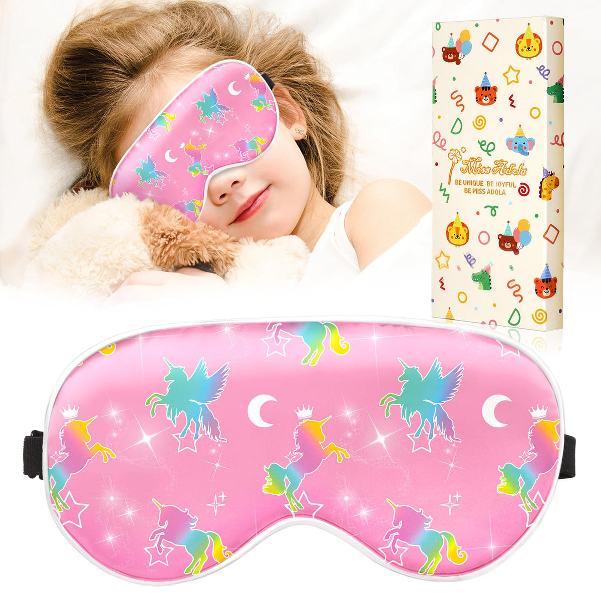 Miss Adola masque yeux enfant avec licornes, design ludique favorisant le sommeil.