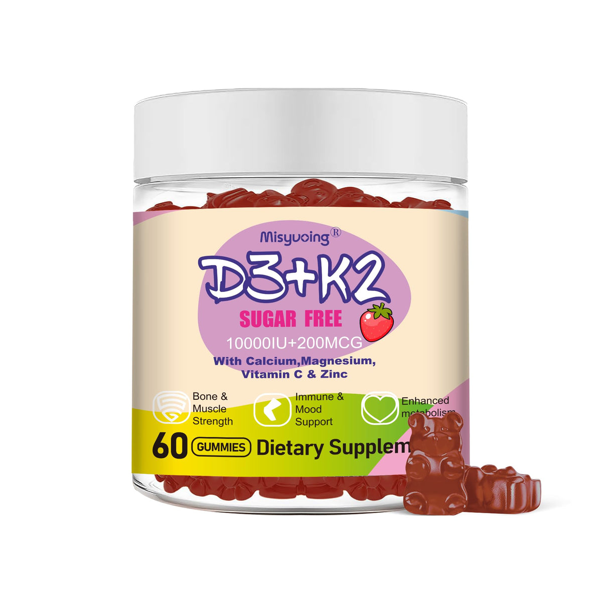 Gommes Misyvoing D3 K2 Fraise en bouteille, goût fruité.