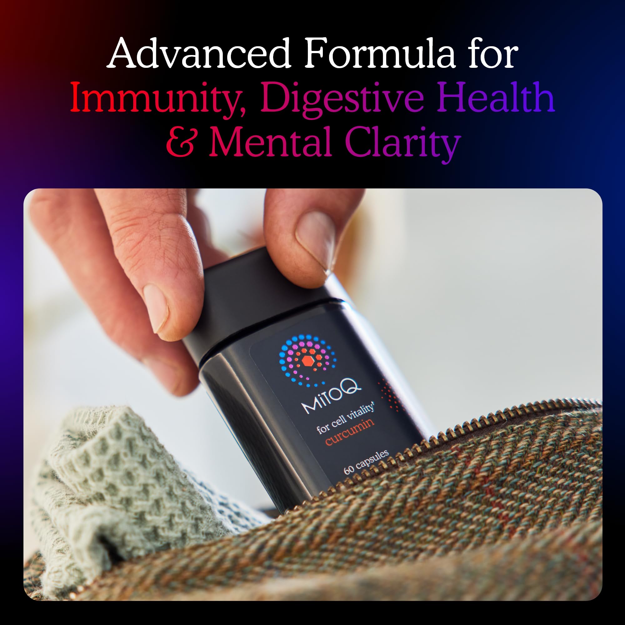 MitoQ Curcumin Longvida — emballage montrant la technologie Longvida et absorption améliorée.
