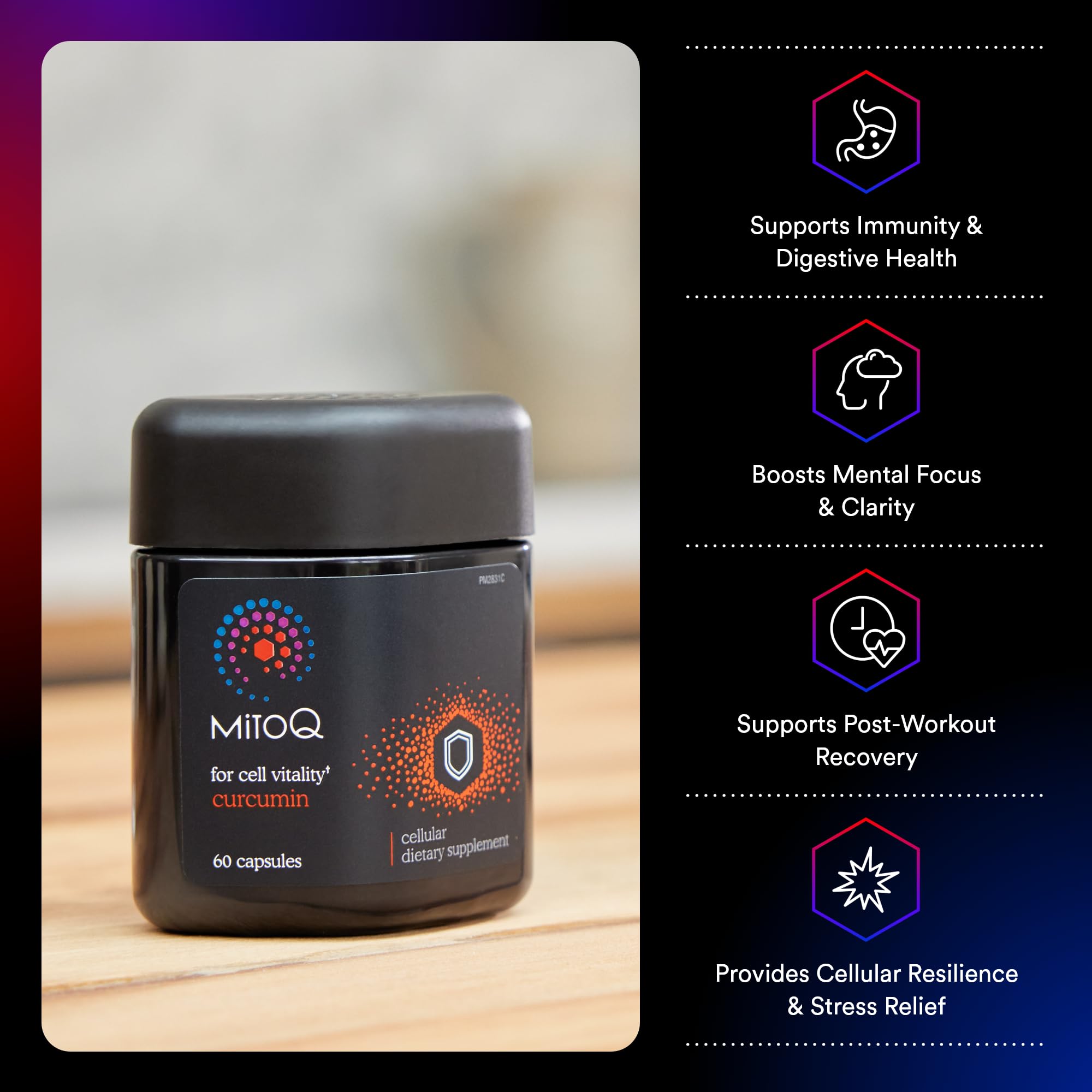 MitoQ Curcumin Longvida — gélules en gros plan, biodisponibilité ultra élevée.