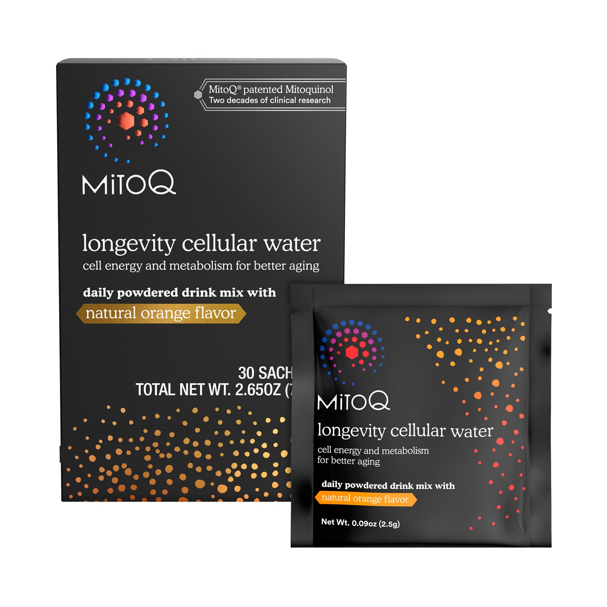 MitoQ Longevity sachet orange — mélange facile pour énergie et vitalité au quotidien.