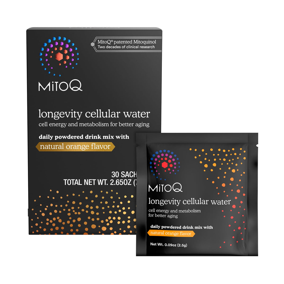 MitoQ Longevity sachet orange — mélange facile pour énergie et vitalité au quotidien.