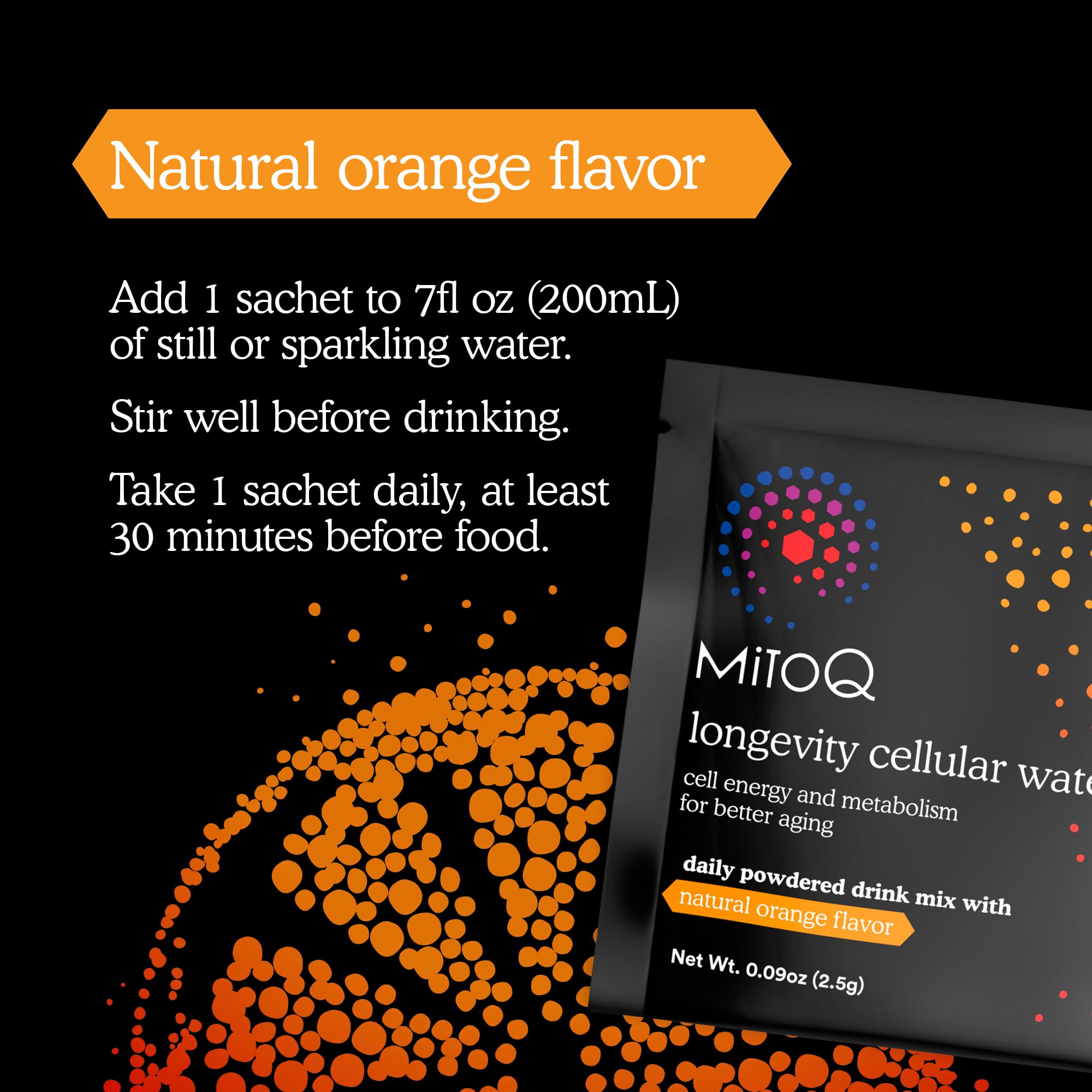 MitoQ Longevity verre eau orange — boisson saine pour énergie naturelle.