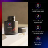 Bouteille MitoQ Pure et etiquette : emballage clair et traçabilité.
