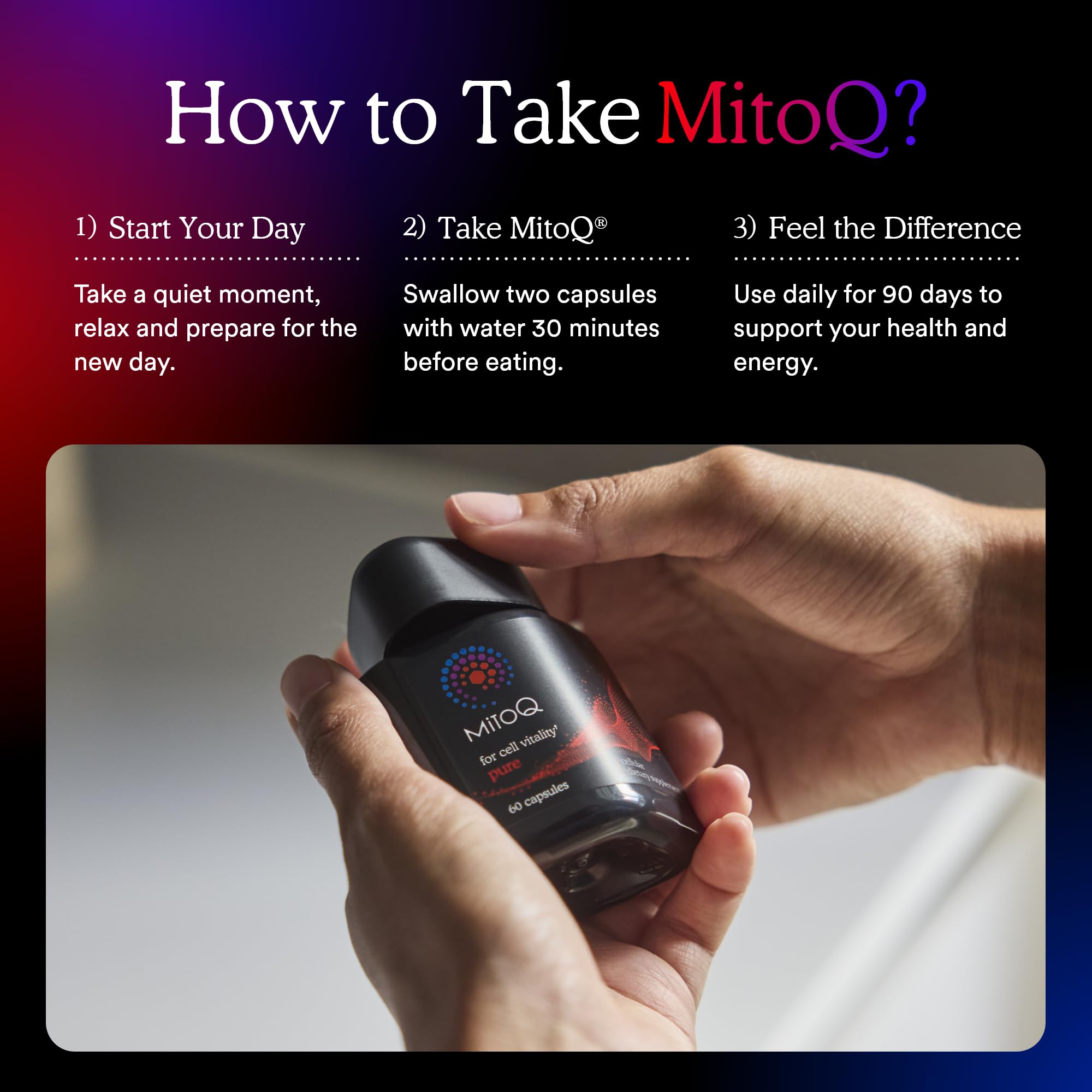 Lifestyle energisant : MitoQ Pure pour soutenir mouvement et dynamisme.