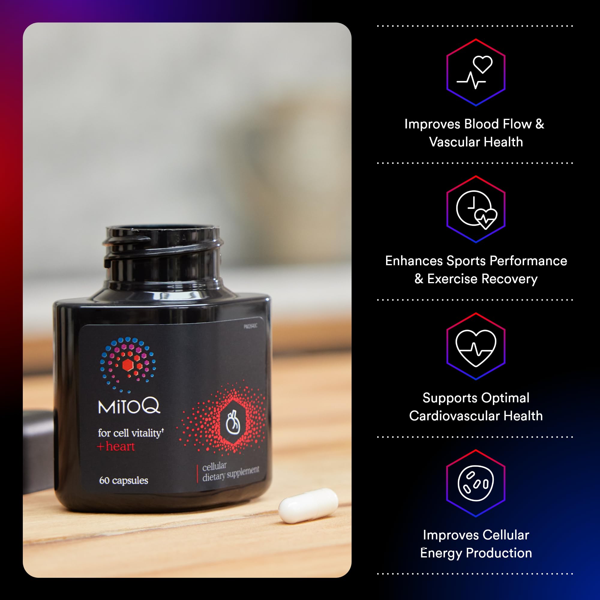 Tablettes MitoQ pour soutenir la vitalité cellulaire et l'endurance au quotidien.