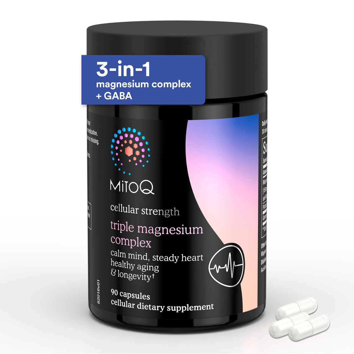 MitoQ Triple Magnésium Complex – bouteille et capsules, soutien potentiel au sommeil profond.
