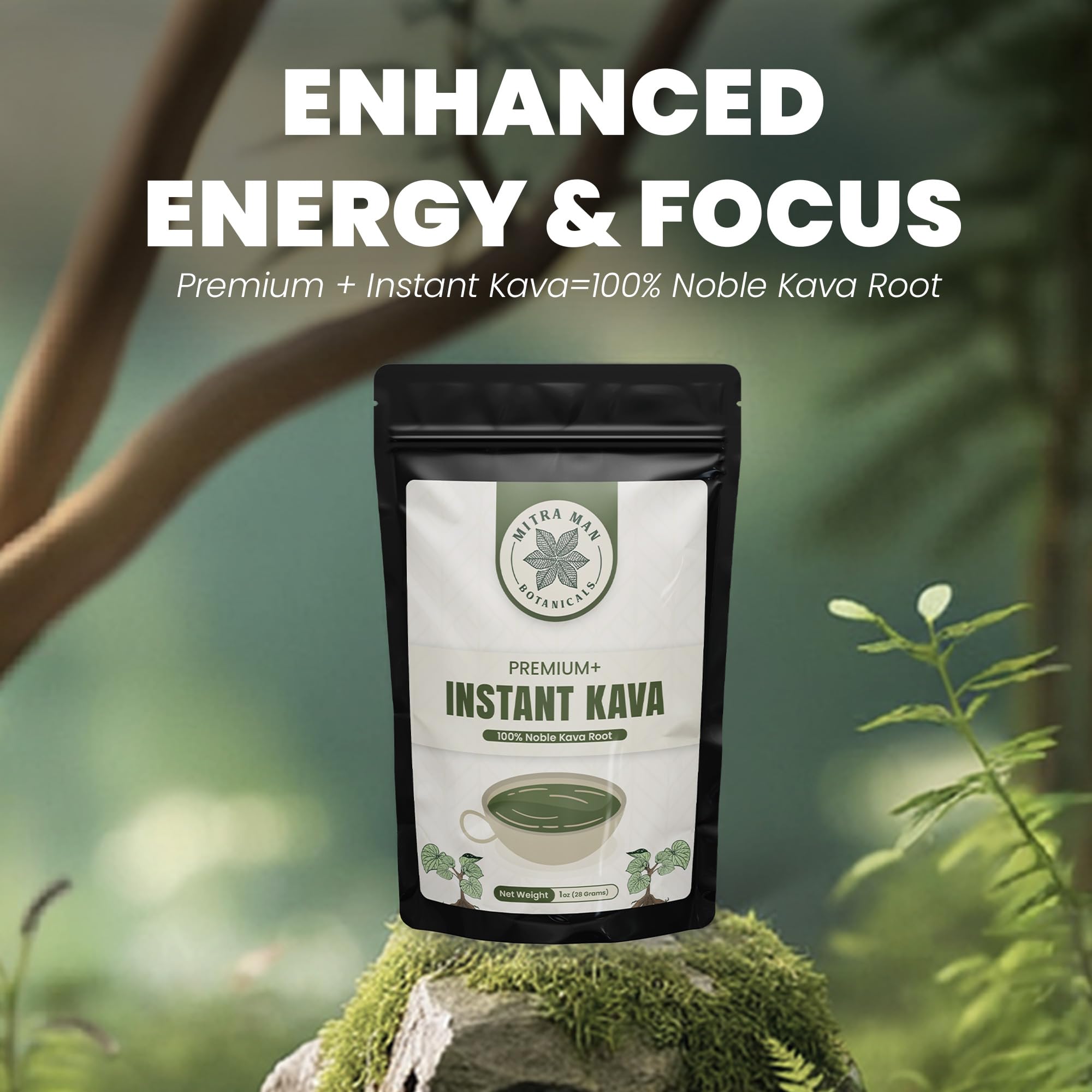 Mitra Man Botanicals Kava instant avec verre d'eau pour une expérience rafraîchissante