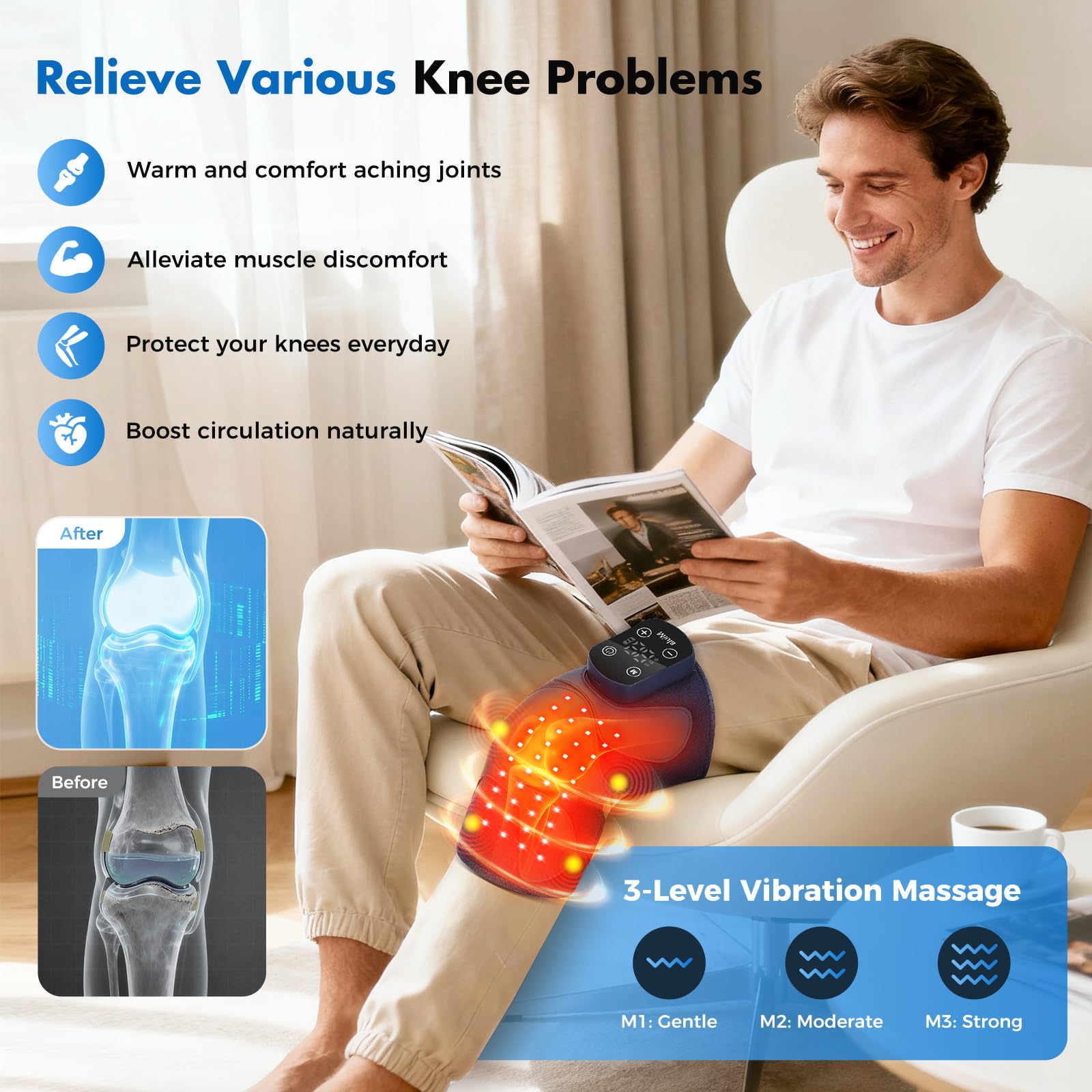 Miula massage-vibration genou: relaxation et détente des tissus.