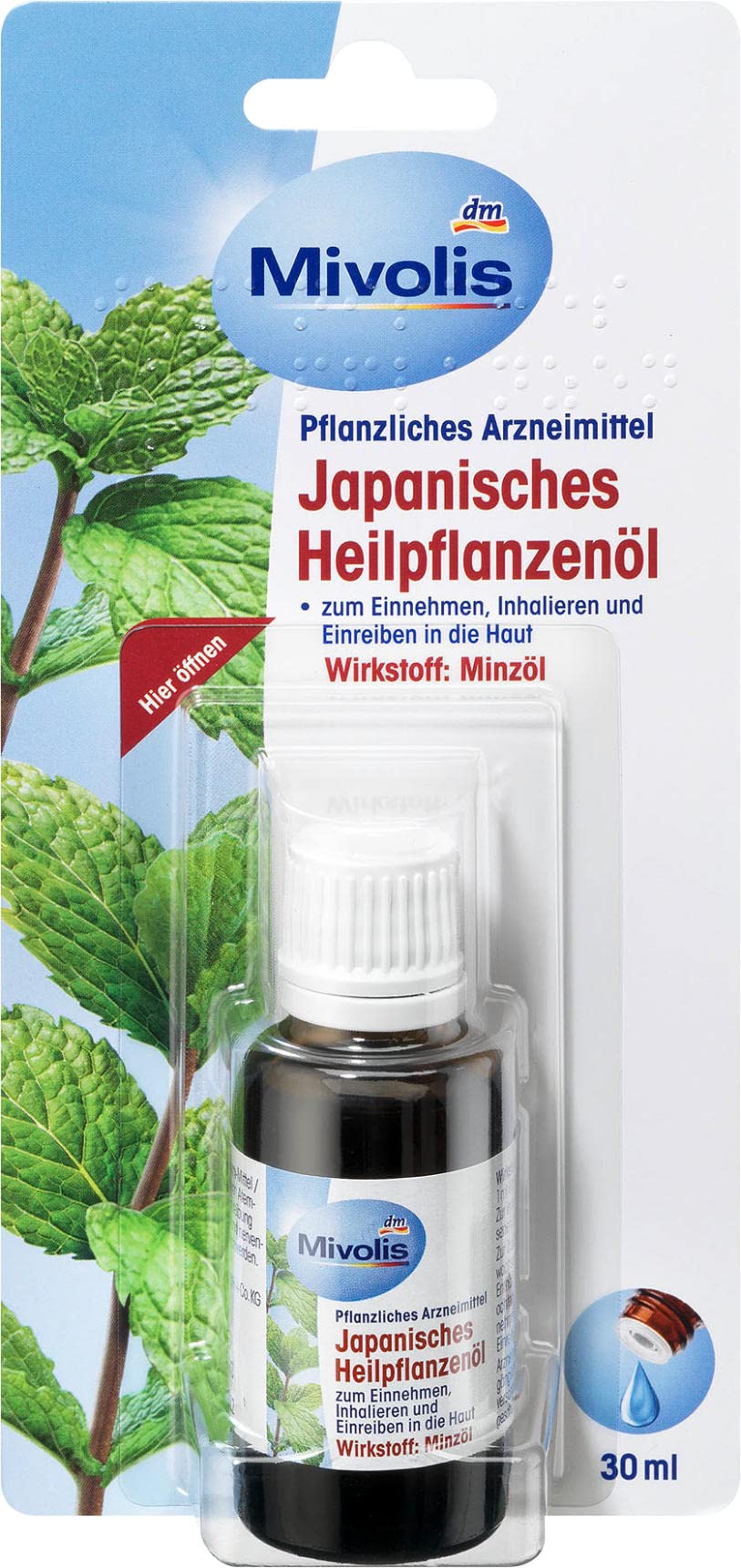 Bouteille Mivolis huile menthe japonaise prête à l’usage interne et inhalation.