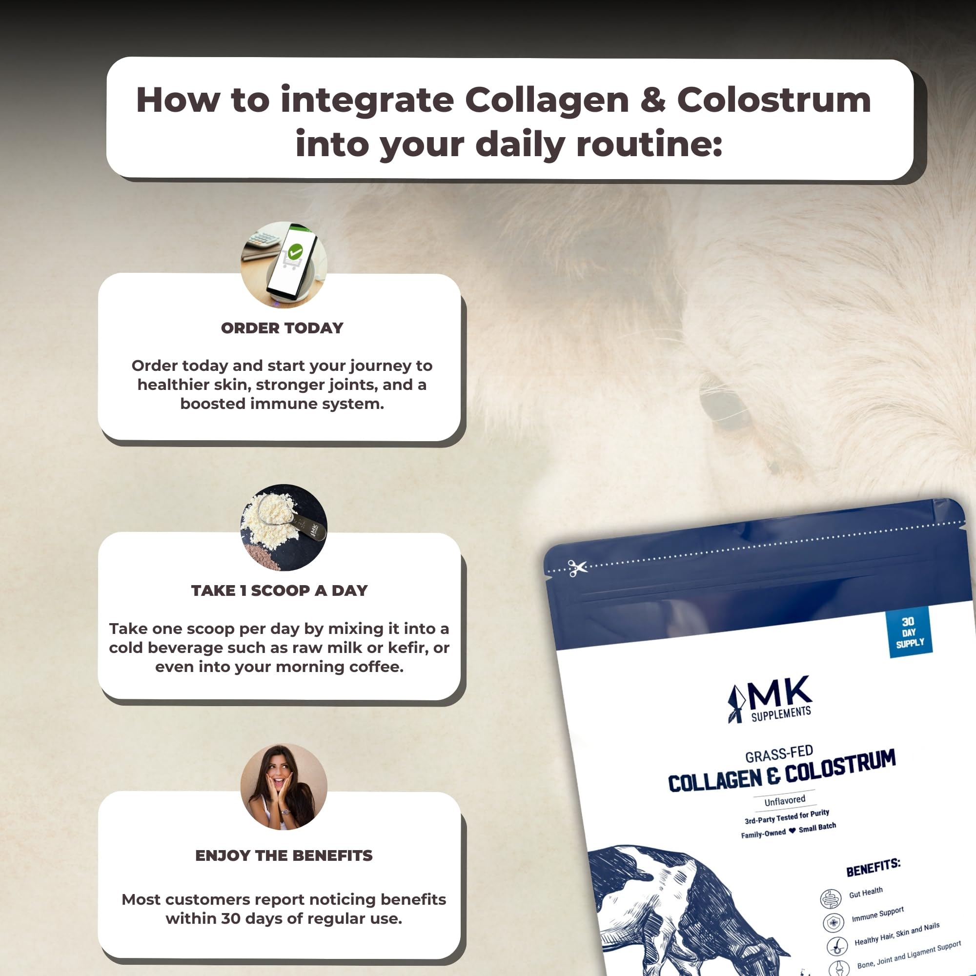 MK Supplements Collagene-Colostrum bouteille-poudre, pratique à emporter dans une routine quotidienne.