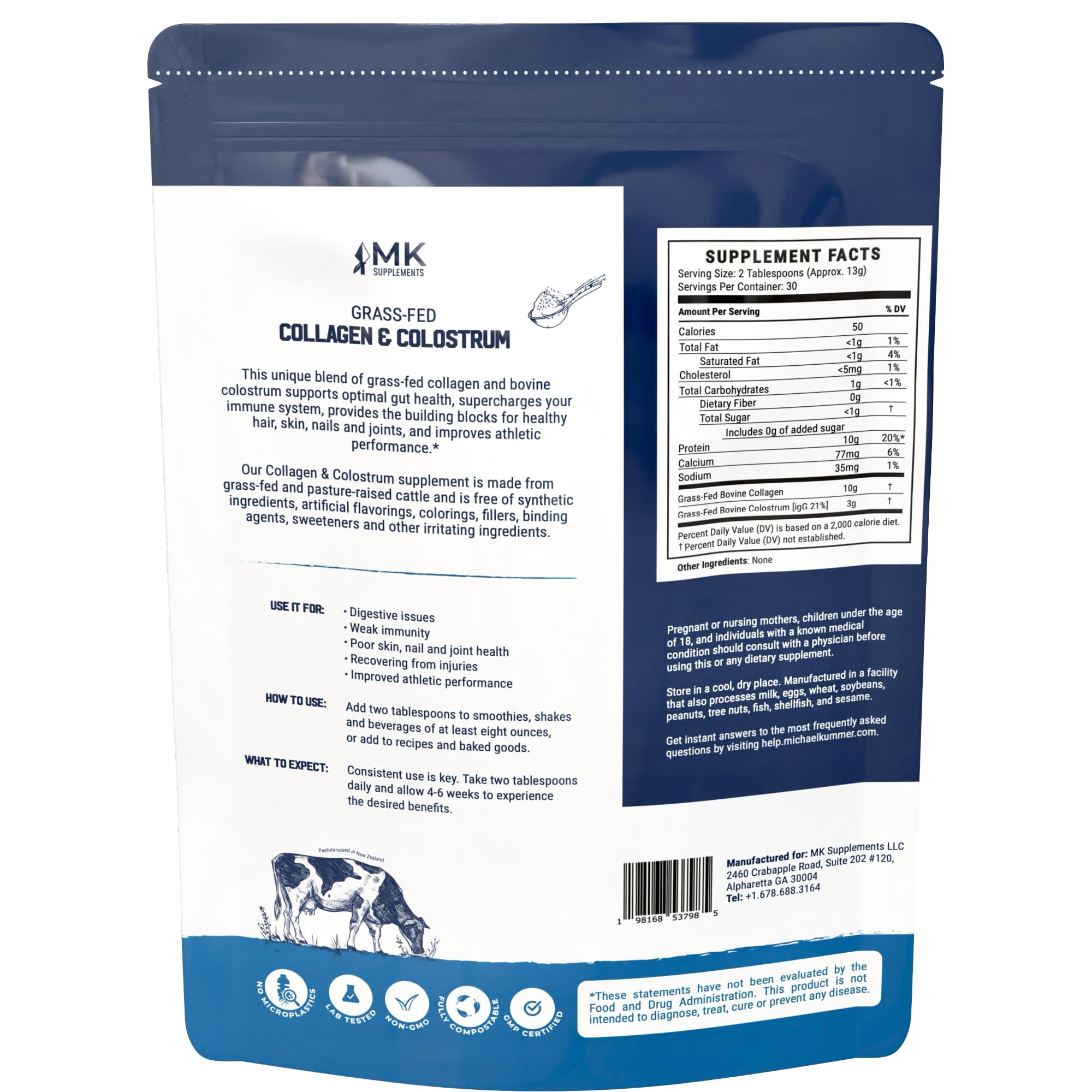 MK Supplements Collagene-Colostrum cuillere-mesure, dosage précis pour supports peau et digestion.