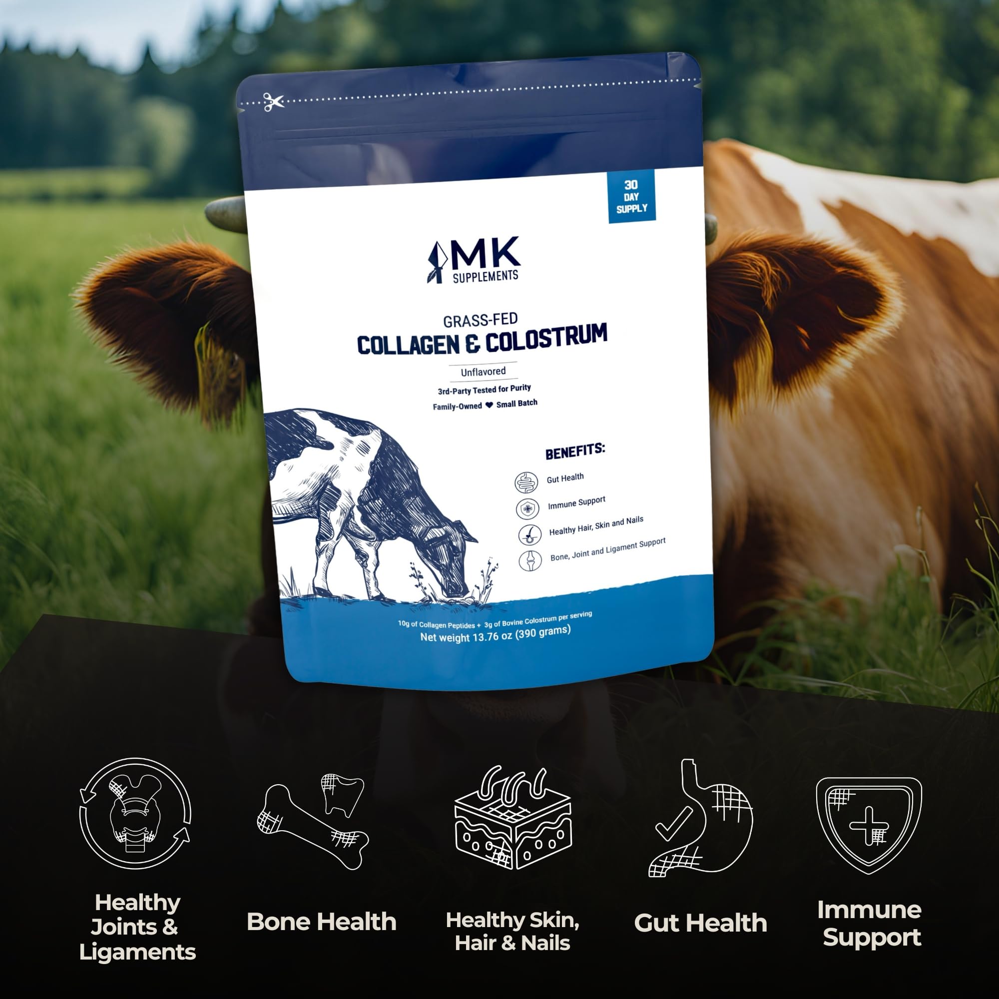 MK Supplements Collagene-Colostrum emballage, emballage recyclable et design élégant.