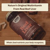 Étiquette claire sur MK Supplements Foie de Bœuf Séché — emballage en verre transparent.