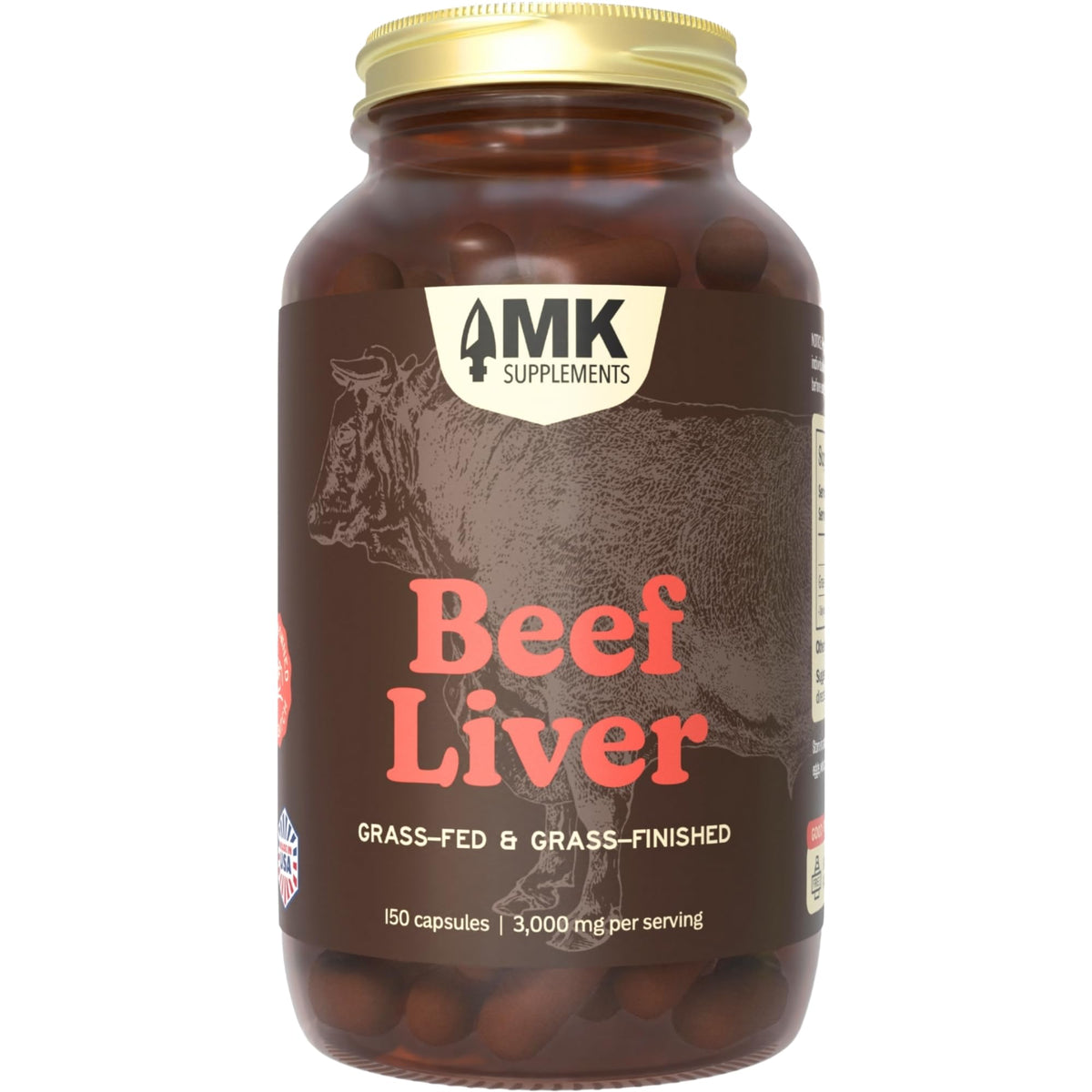 MK Supplements Foie de Bœuf Séché — bouteille en verre prête à soutenir l'énergie au quotidien.