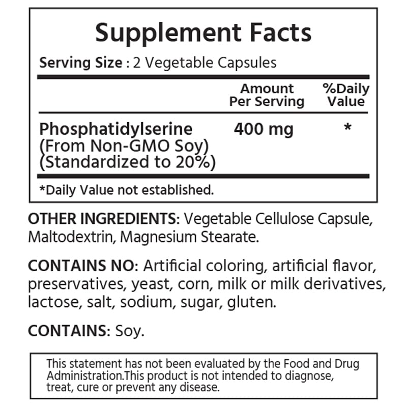 ML Naturals Phosphatidylserine 400 mg, étiquette lisible, pureté élevée et traçabilité