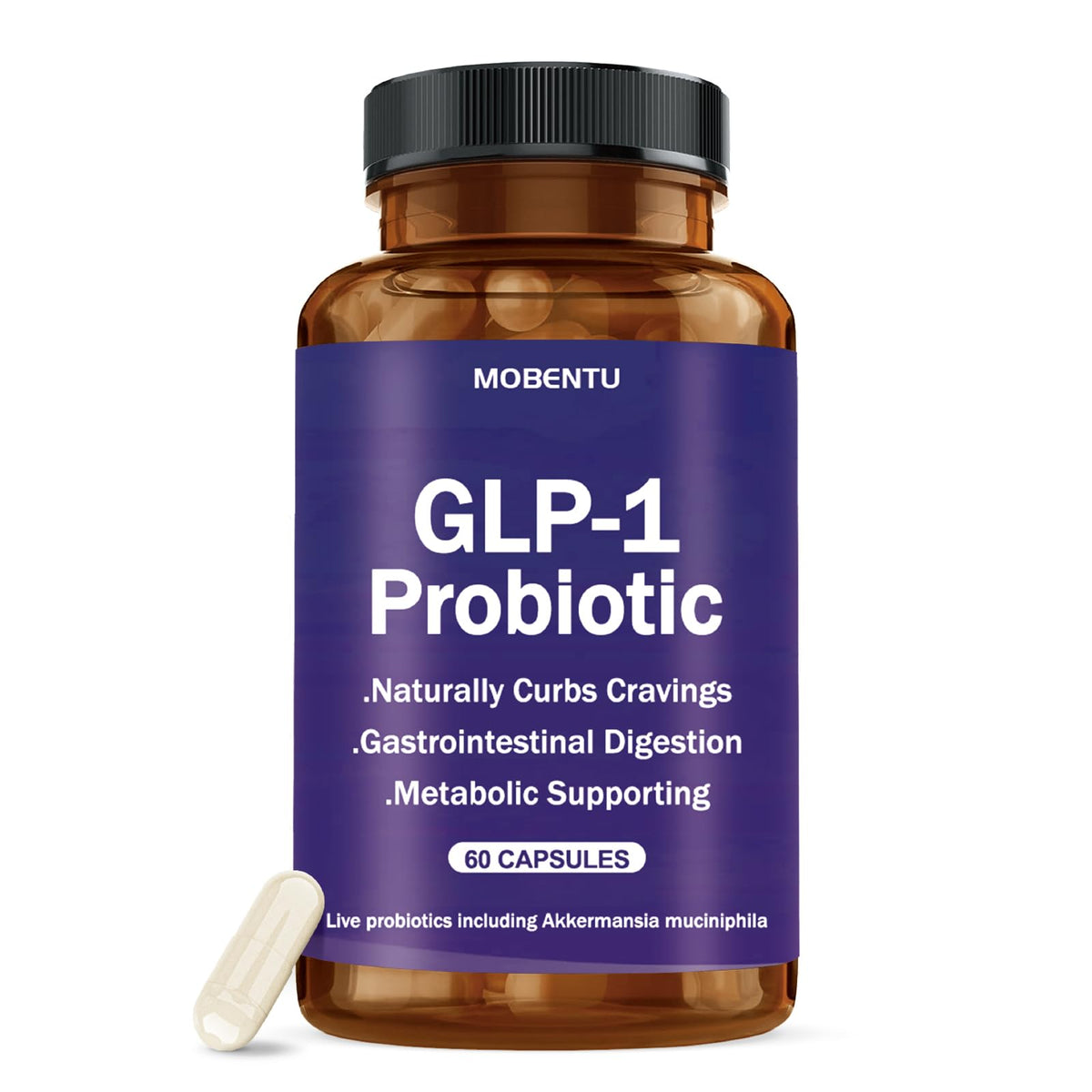 Bouteille MOBENTU GLP-1 Probiotique avec Akkermansia, présentation soignée et capsule prête à l’emploi.