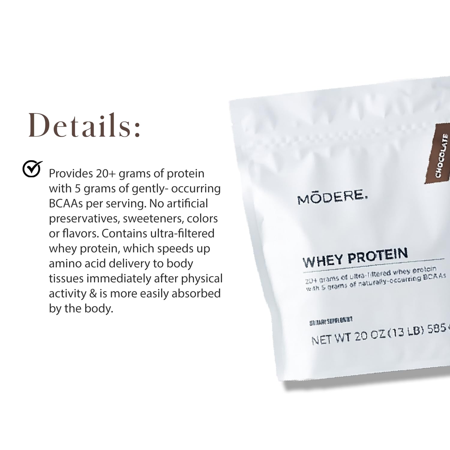 Modere Pure Chocolate Whey, parfait pour petit-déjeuner rapide et nourrissant.