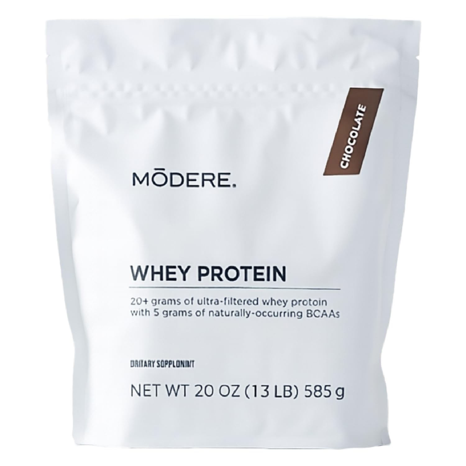 Modere Pure Chocolate Whey, poudre chocolatée dans emballage 585 g, pratique à mesurer.