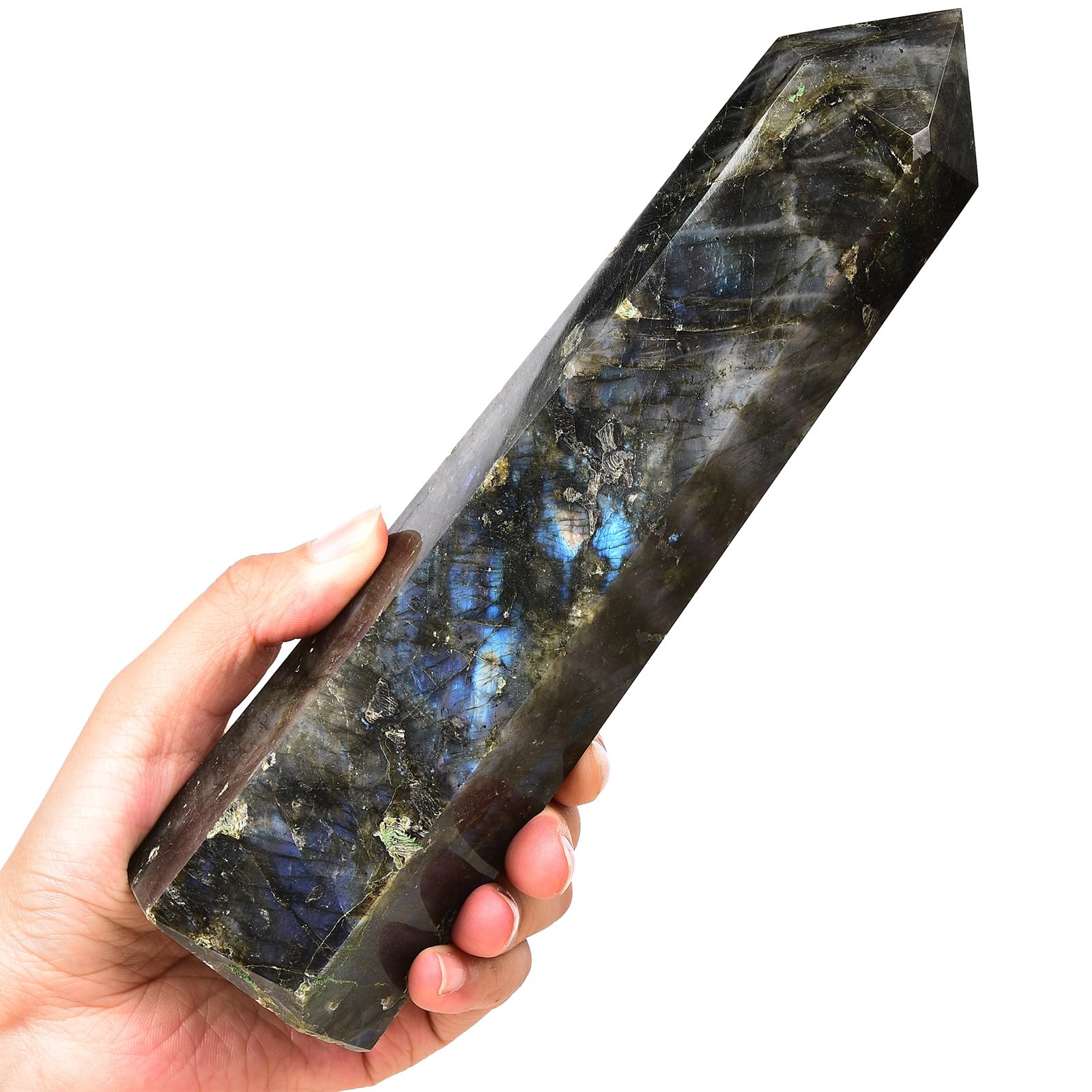 MOGEMT Pointe-obélisque Labradorite, gros plan, énergie protectrice pour l'espace.