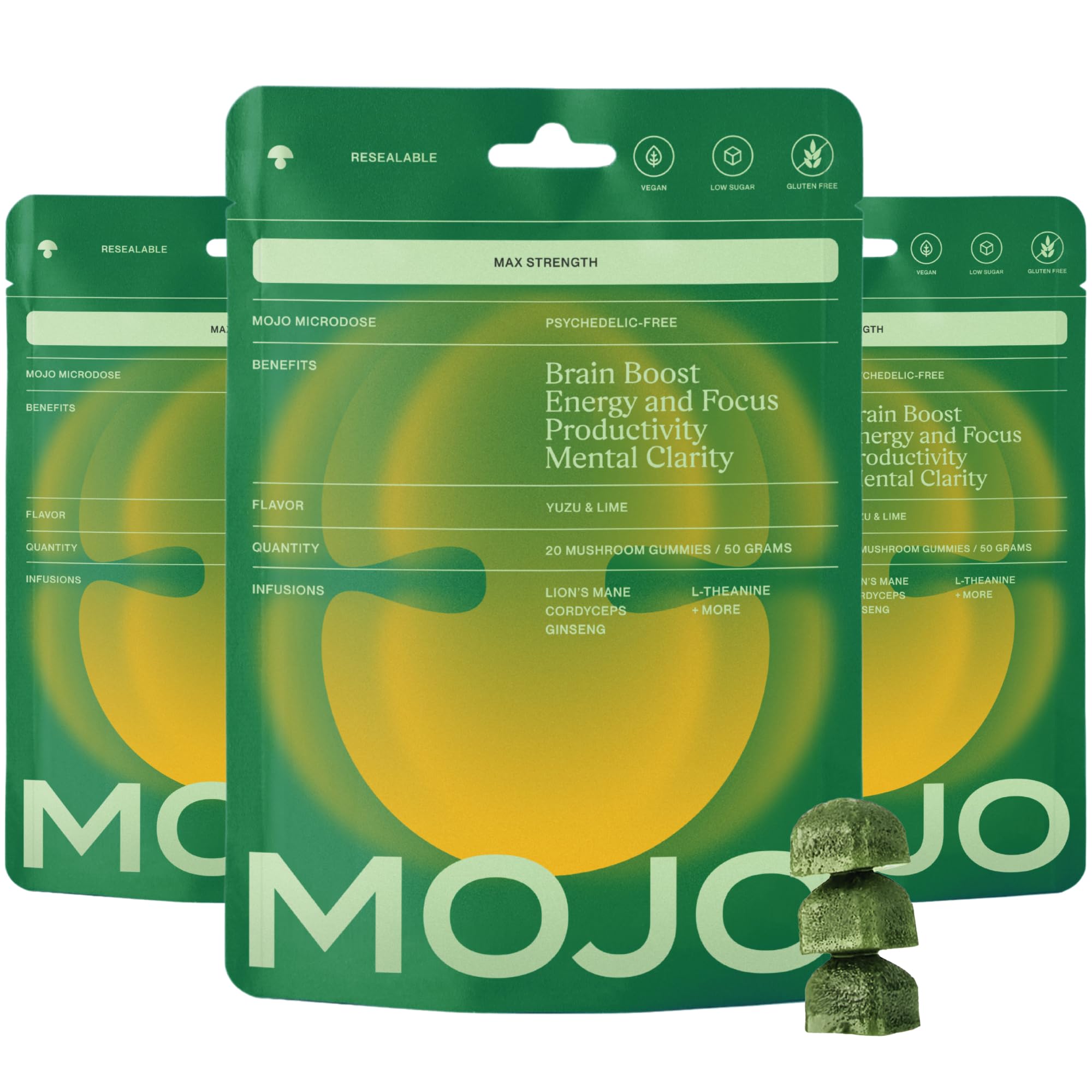 Gummies Mojo Focus avec crinière de lion sur bouteille, soutien potentiel à la concentration.