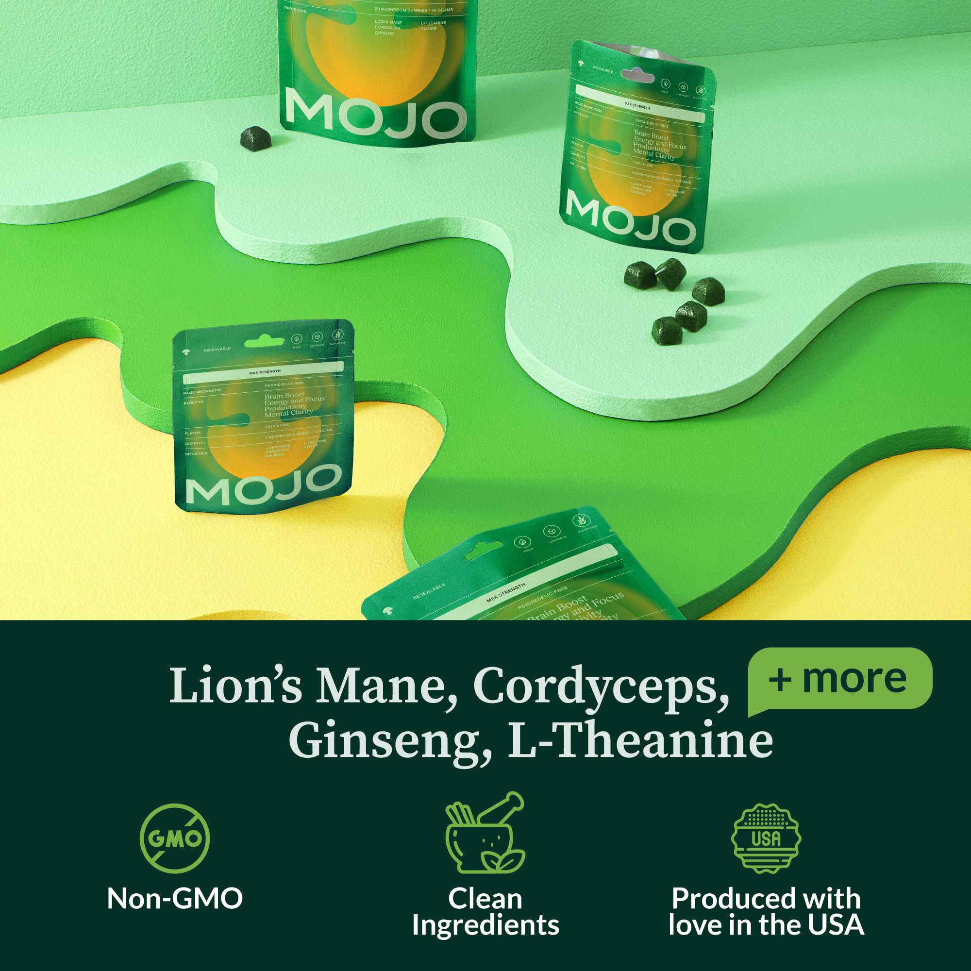 Gummies Mojo Focus et cordyceps, formulation naturelle favorisant énergie durable.