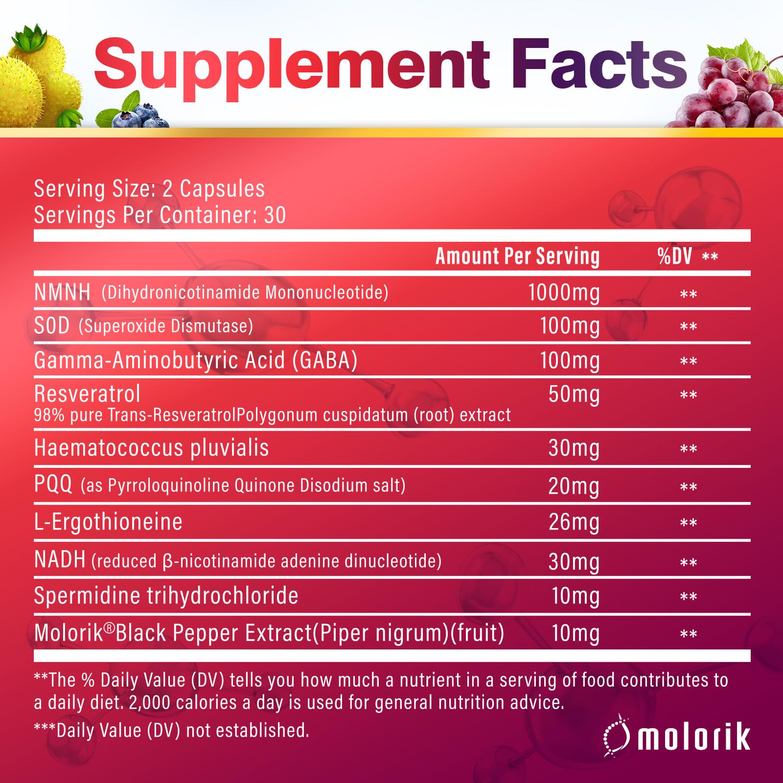 Molorik Pure NMNH gélules 1000 mg pour soutien énergétique quotidien et concentration.