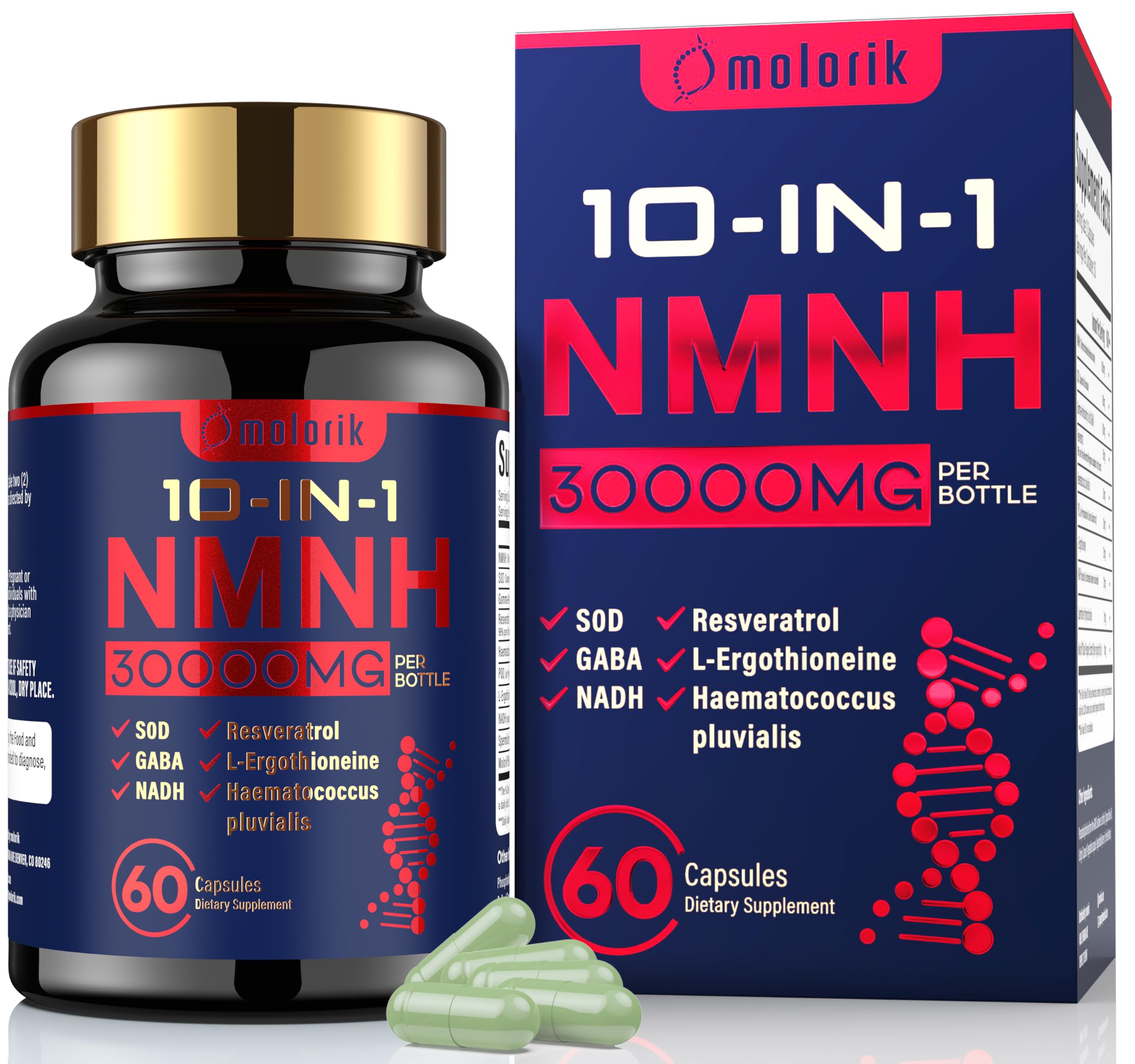 Molorik Pure NMNH flacon 1000 mg pour soutenir l'énergie et le bien-être durable.