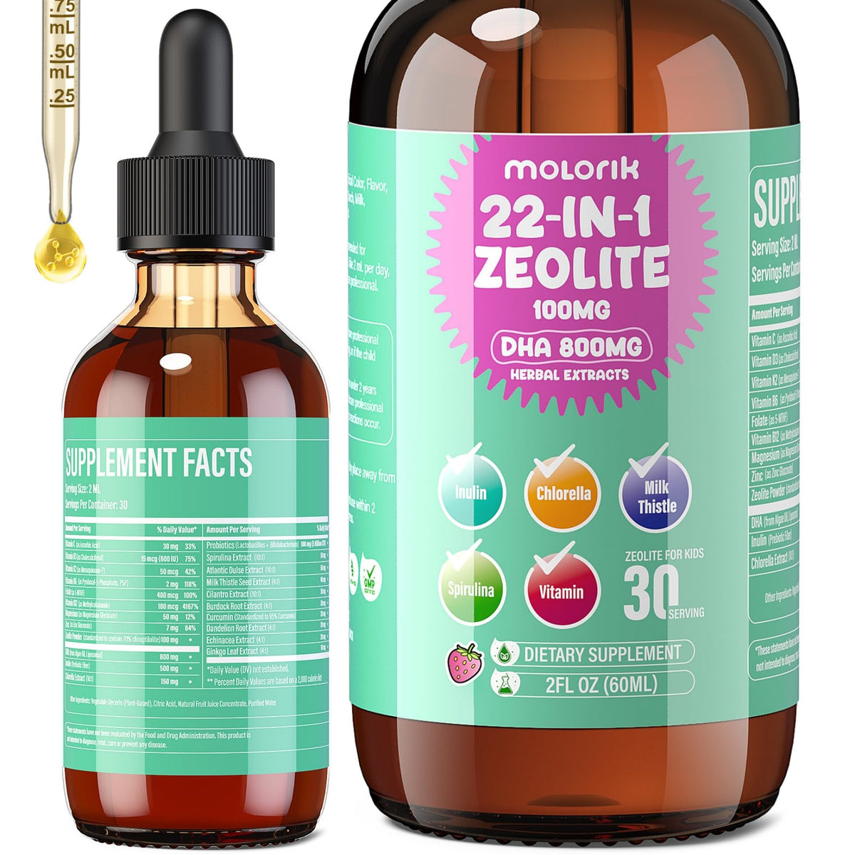 Molorik Pure Zeolite Detox – bouteille rose montrant le flacon et le goût fraise.
