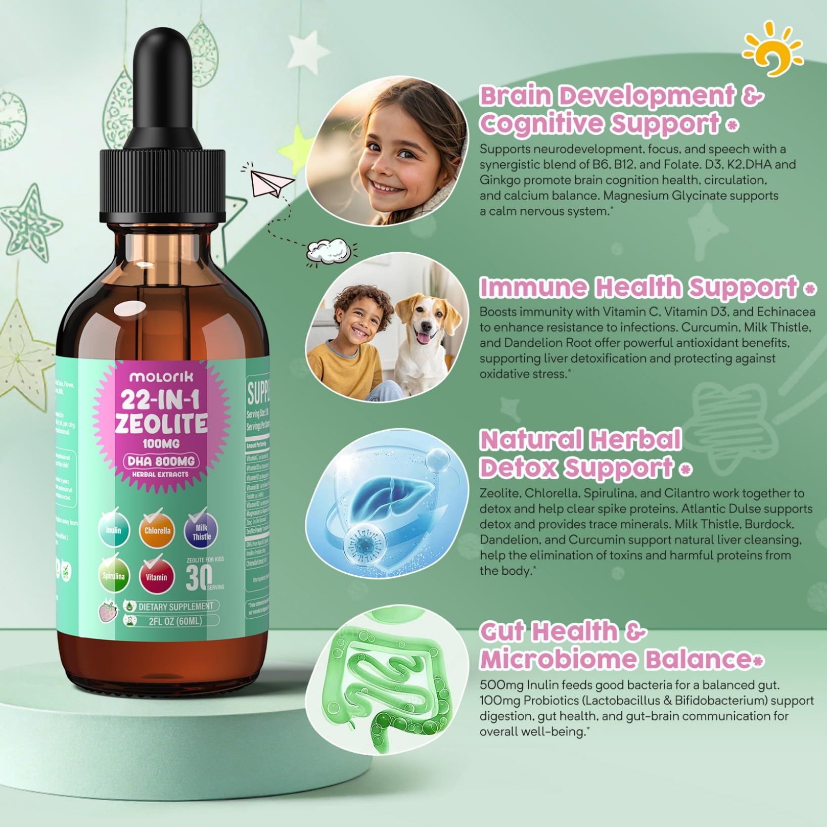 Ingrédients naturels et herbes utilisées dans Molorik Pure Zeolite Detox.