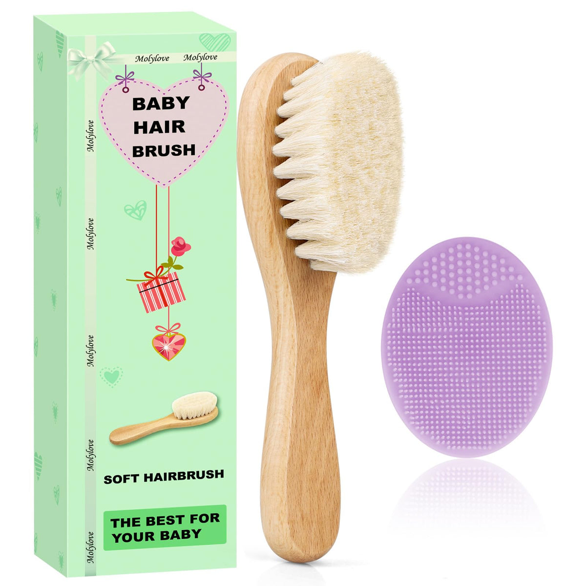 Molylove brosse cheveux bébé avec poils de chèvre naturels pour cuir chevelu doux.