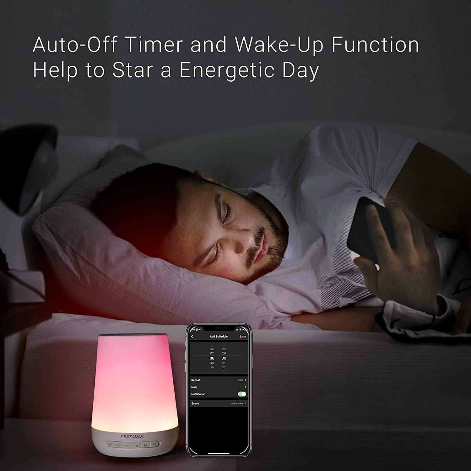 Momcozy machine à bruits illustre alarme programmable pour routine sommeil.