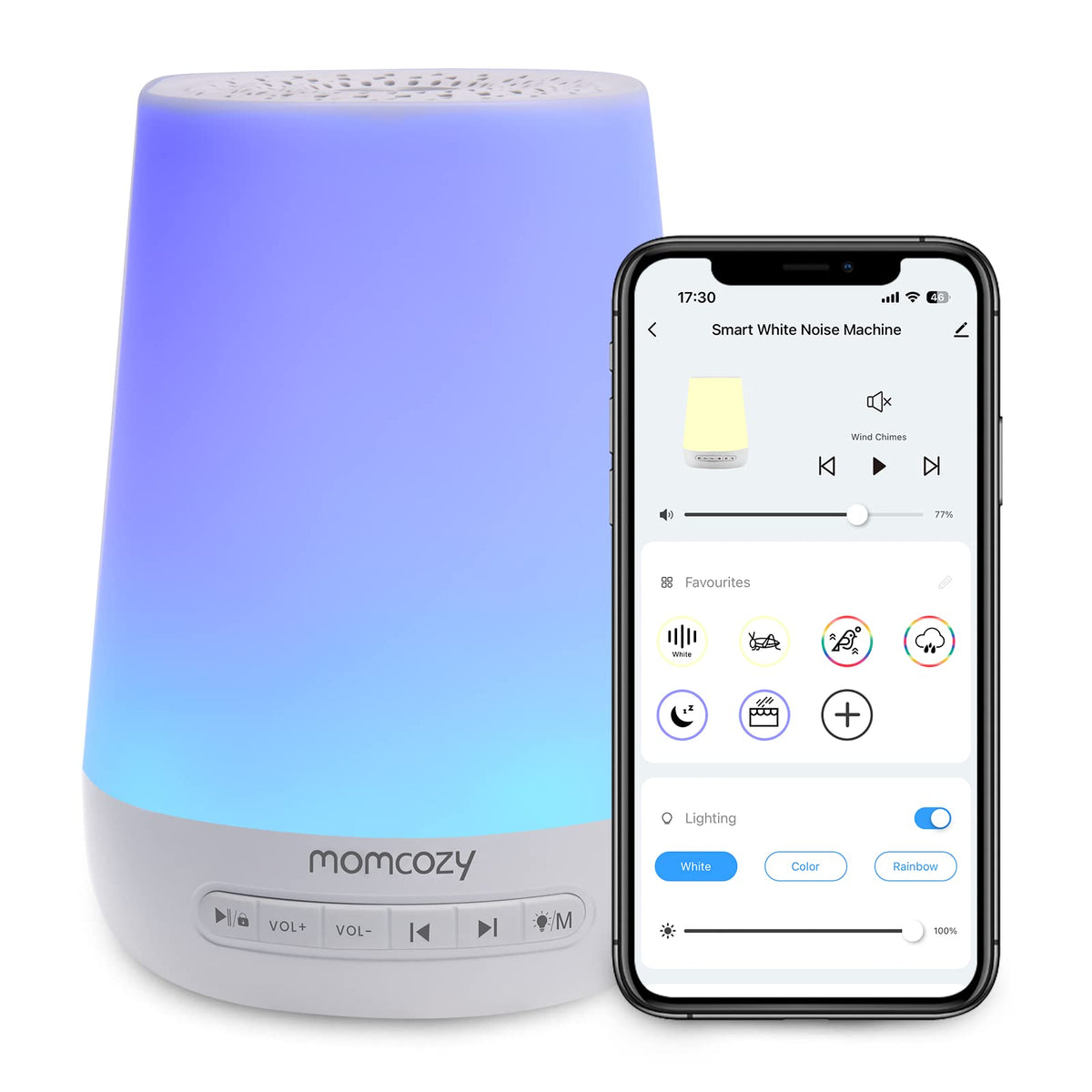 Momcozy machine à bruits pour bébé avec lumière nocturne bleu — ambiance rassurante au coucher.